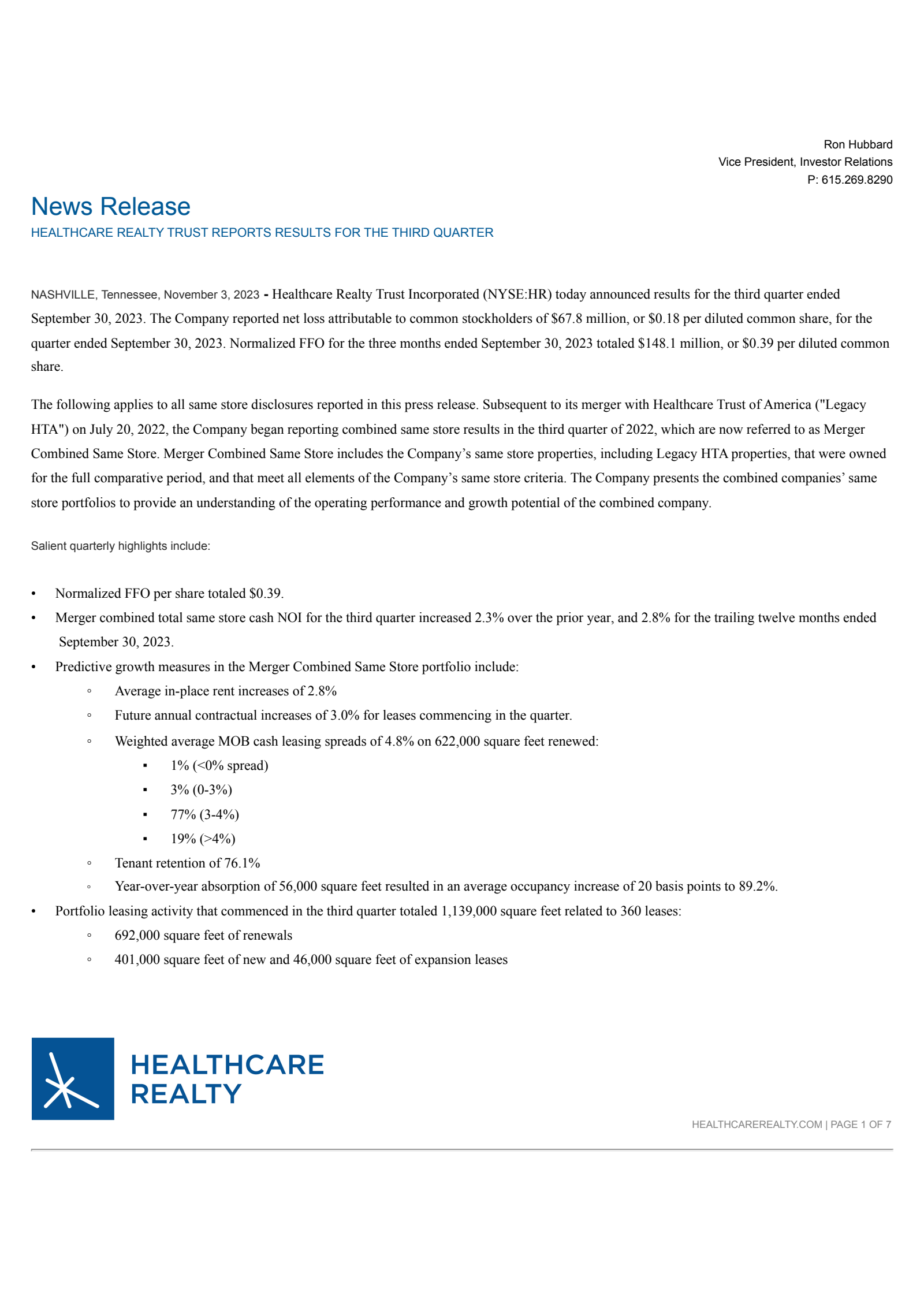 Healthcare Realty Trust's Q3 2023 Press Release