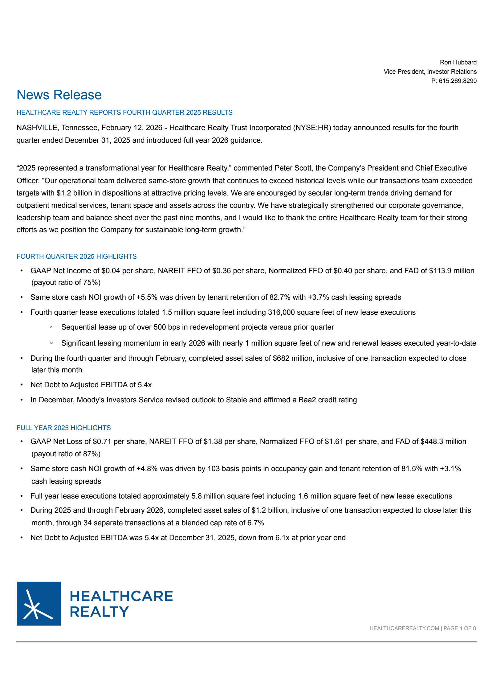 Healthcare Realty Trust's Q4 2025 Press Release