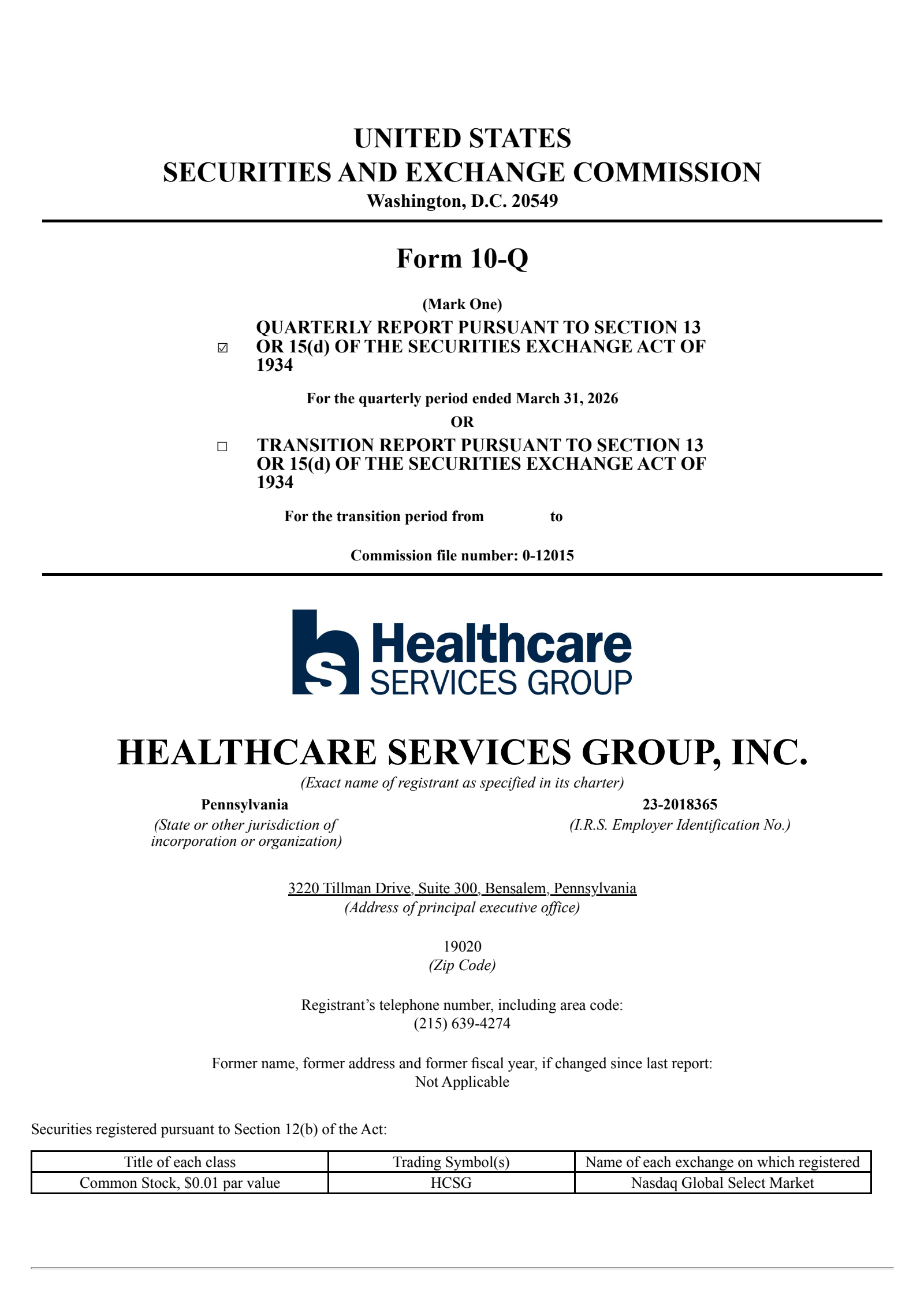 Healthcare Services Group's Q1 2026 Quarterly report