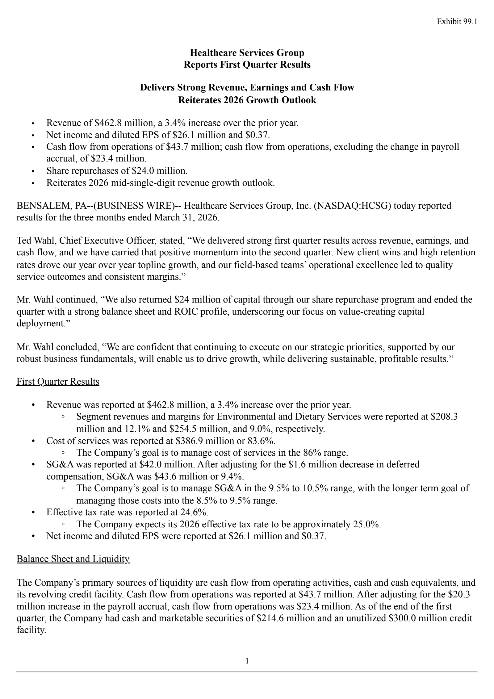 Healthcare Services Group's Q1 2026 Press Release