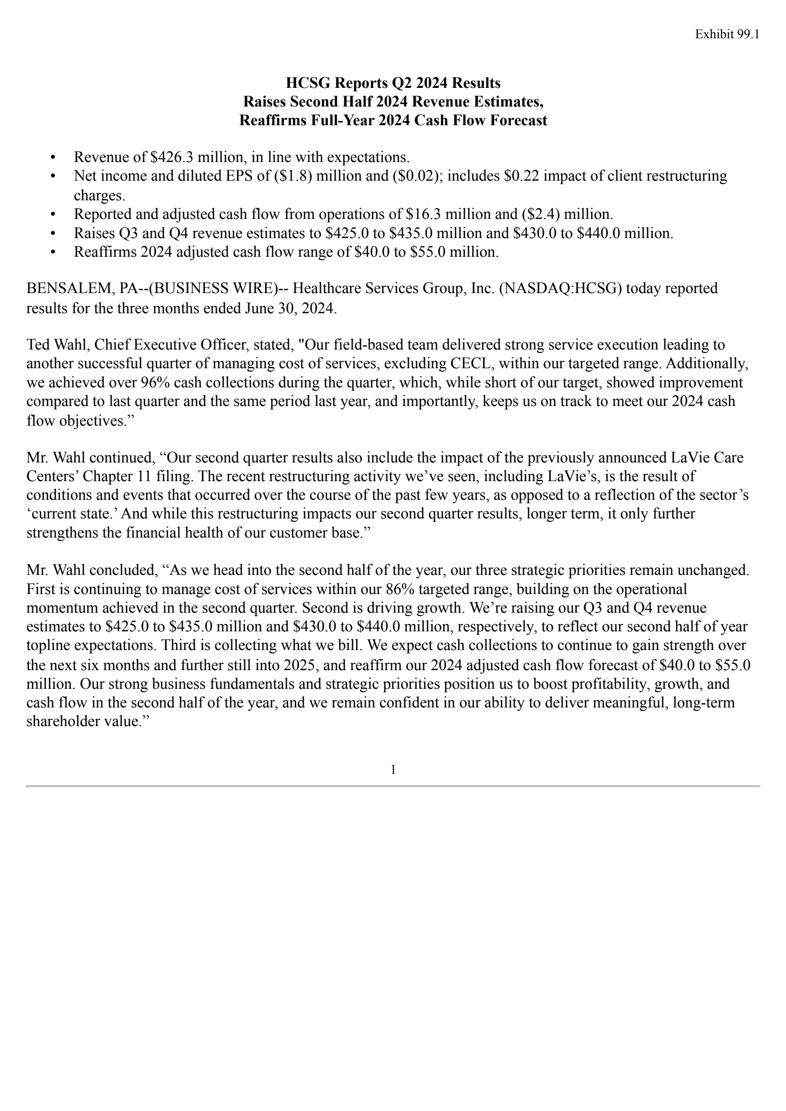 Healthcare Services Group's Q2 2024 Press Release