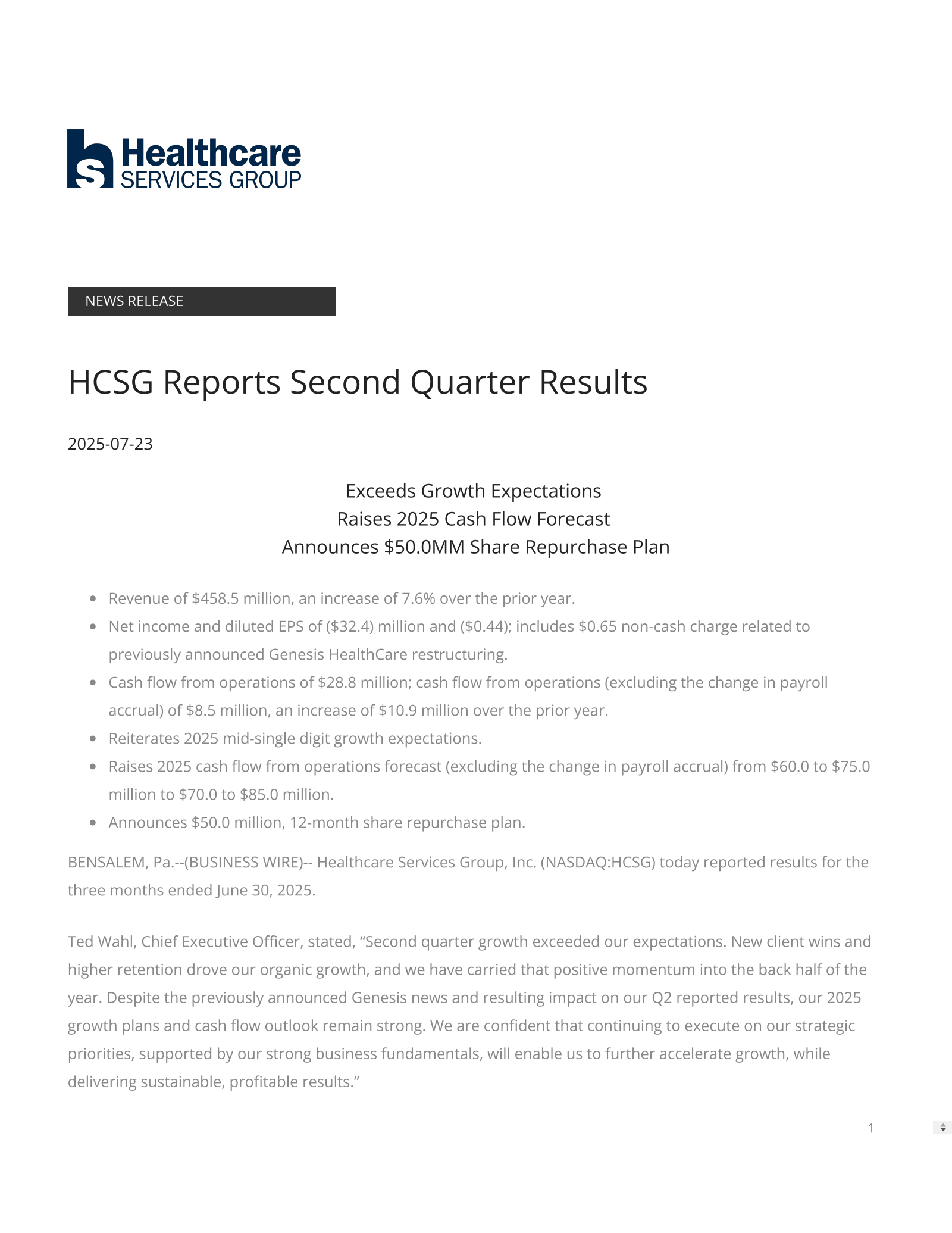 Healthcare Services Group's Q2 2025 Press Release
