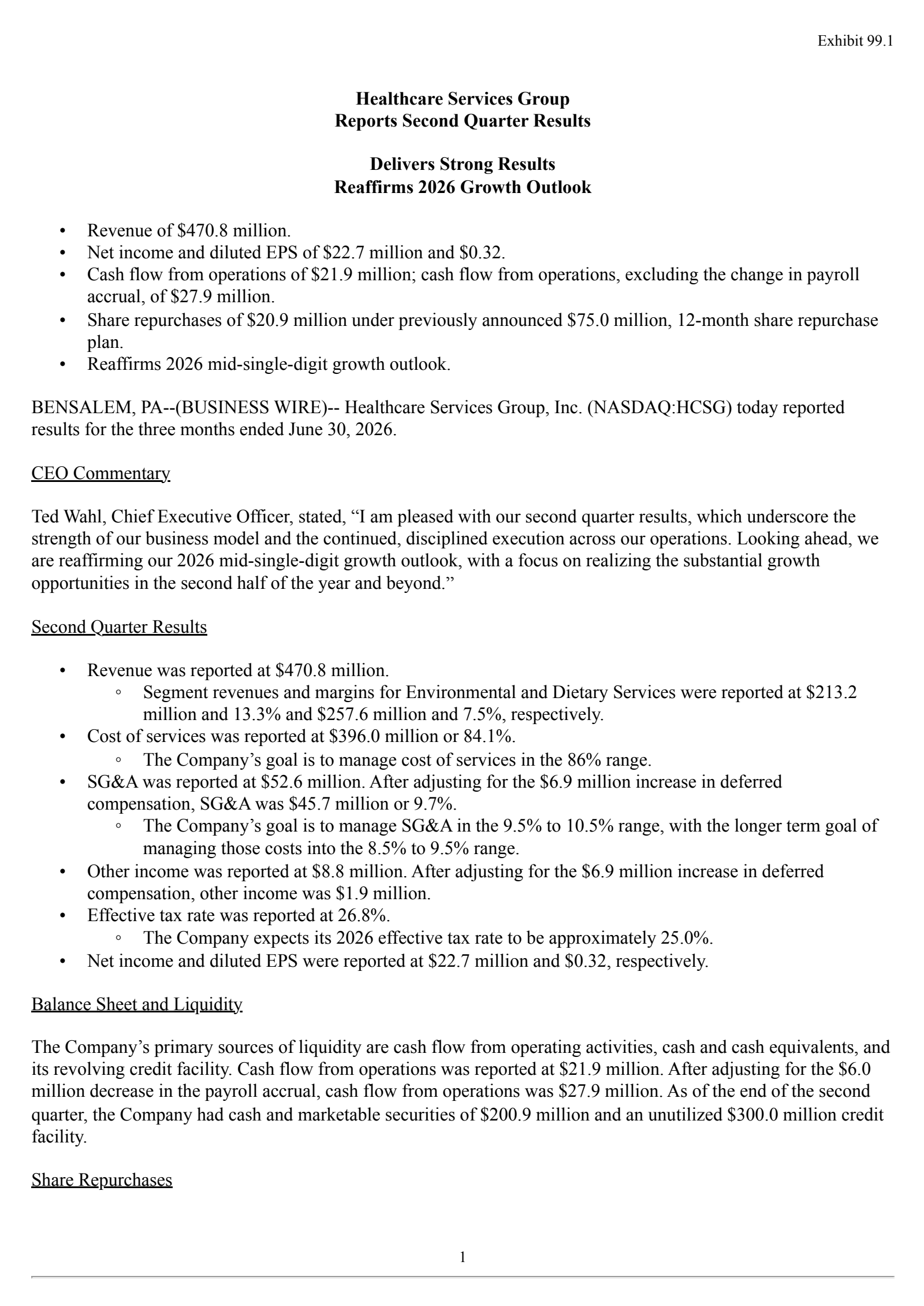 Healthcare Services Group's Q2 2026 Press Release
