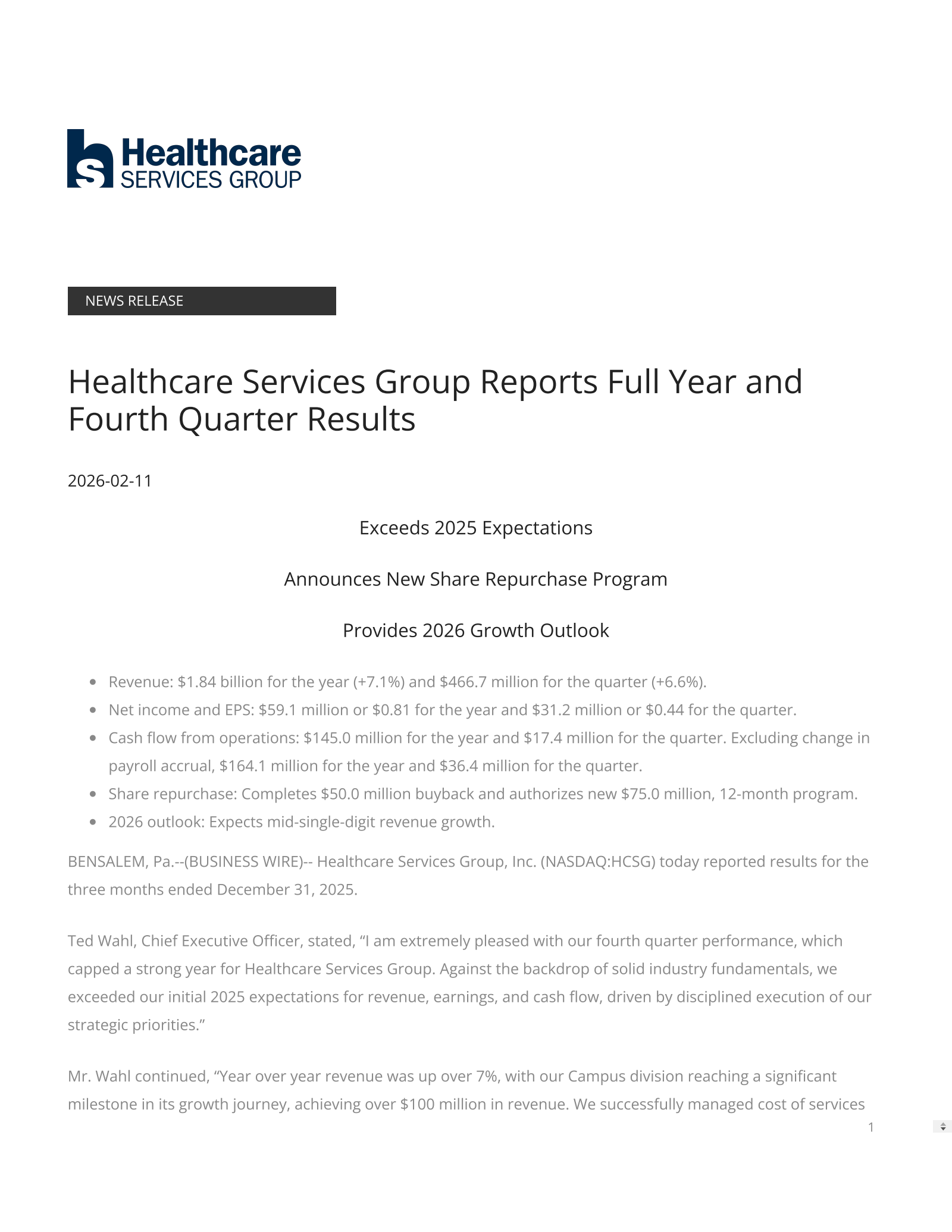 Healthcare Services Group's Q4 2025 Press Release