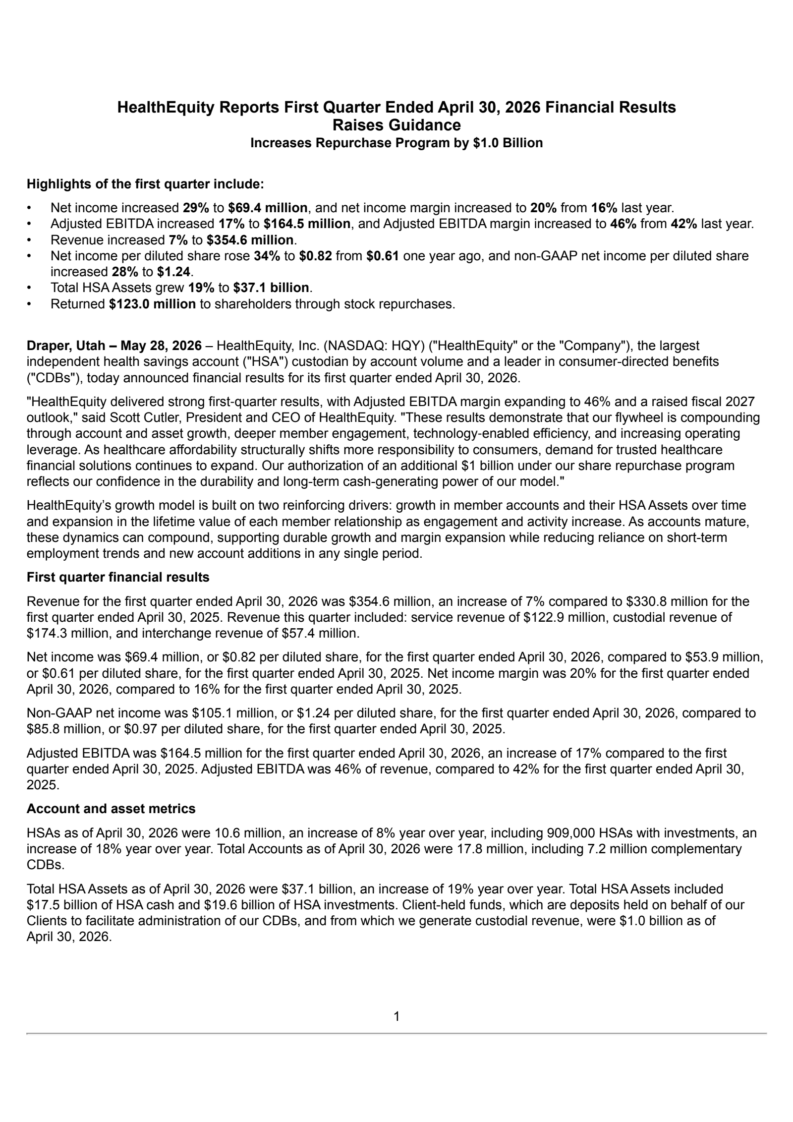 HealthEquity's Q1 2027 Press Release