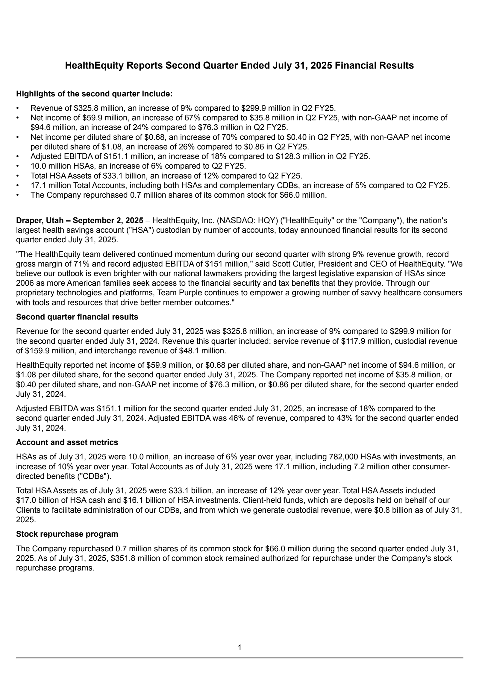 HealthEquity's Q2 2026 Press Release