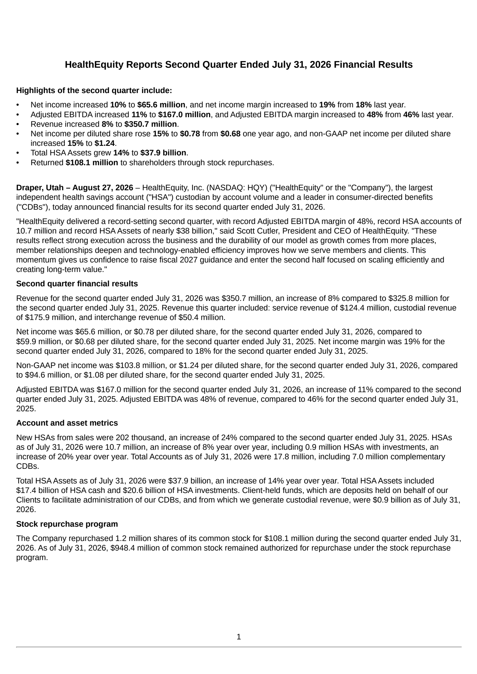 HealthEquity's Q2 2027 Press Release