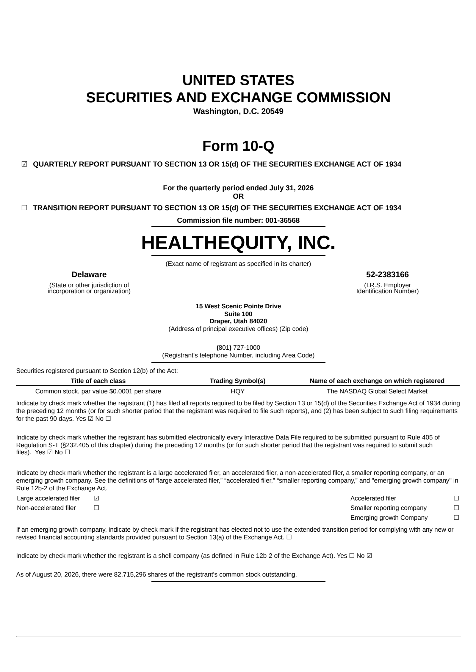 HealthEquity's Q2 2027 Quarterly report