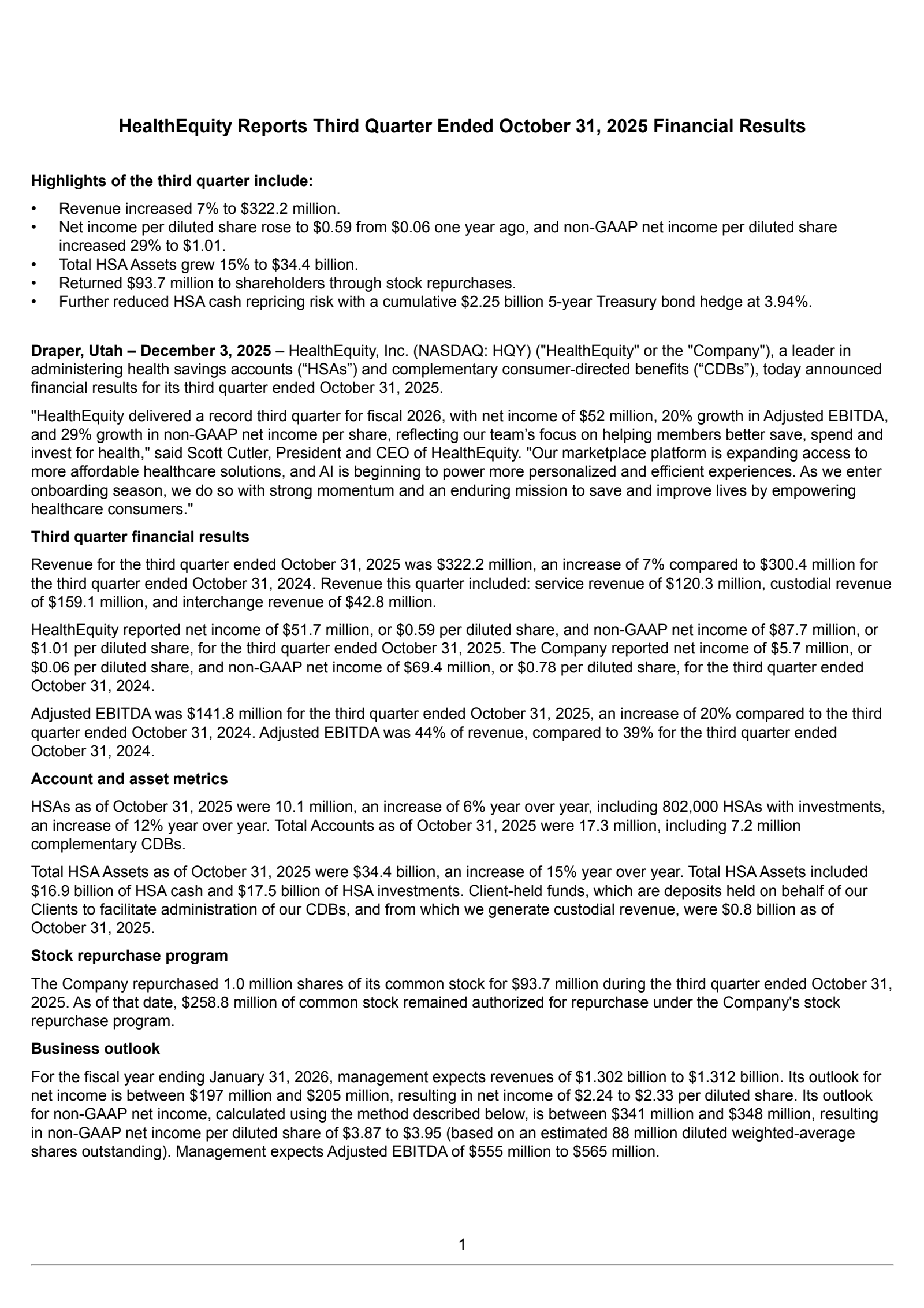 HealthEquity's Q3 2026 Earnings Release