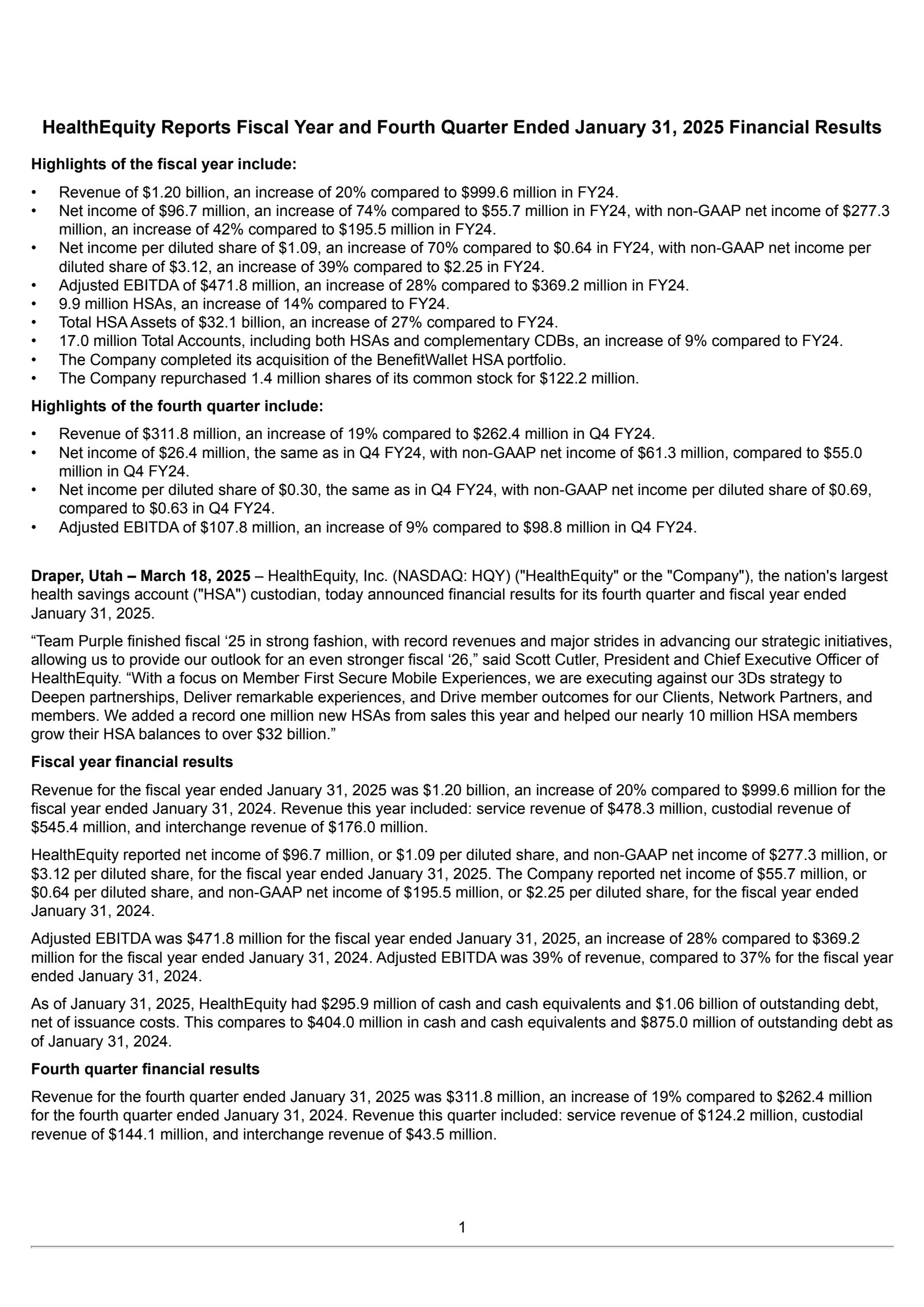 HealthEquity's Q4 2025 Press Release