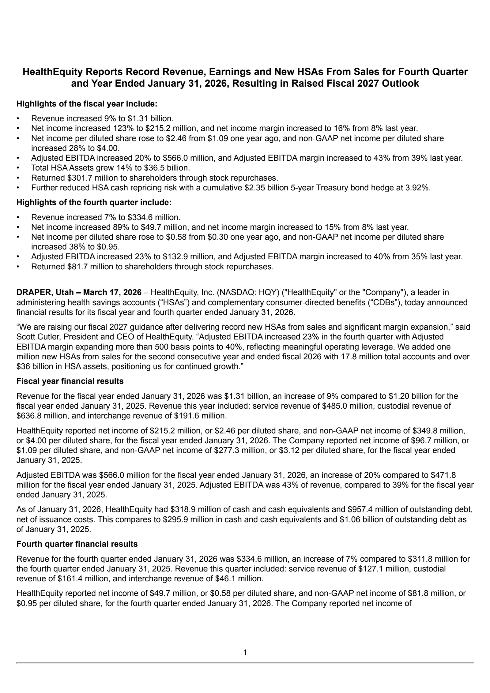 HealthEquity's Q4 2026 Press Release