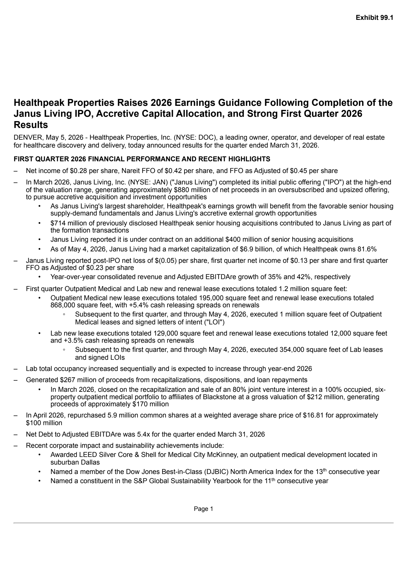 Healthpeak Properties' Q1 2026 Press Release