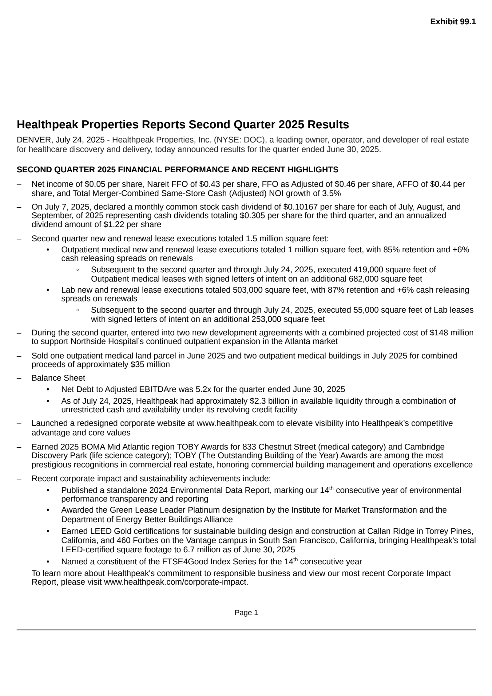Healthpeak Properties' Q2 2025 Press Release