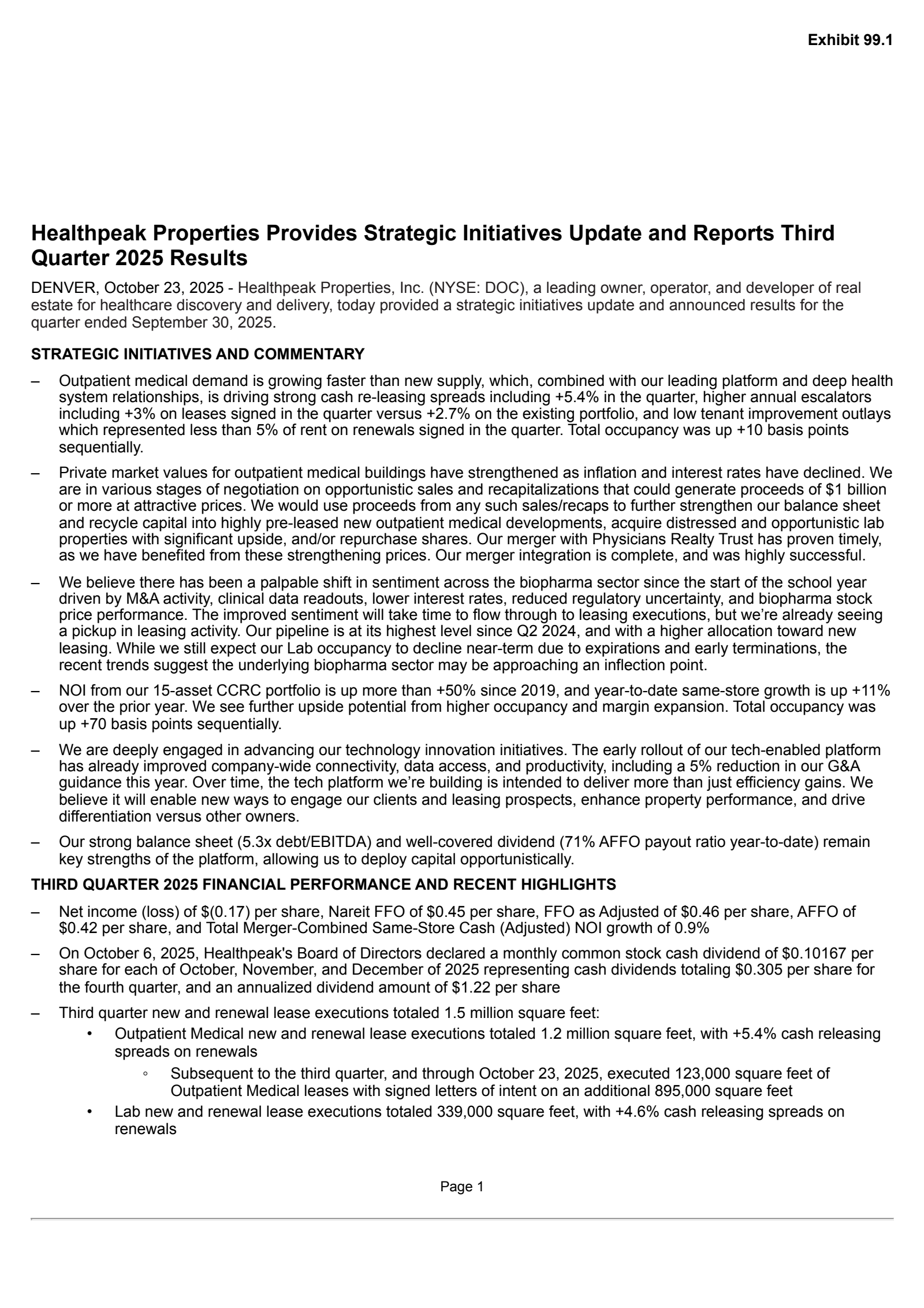 Healthpeak Properties' Q3 2025 Earnings Release