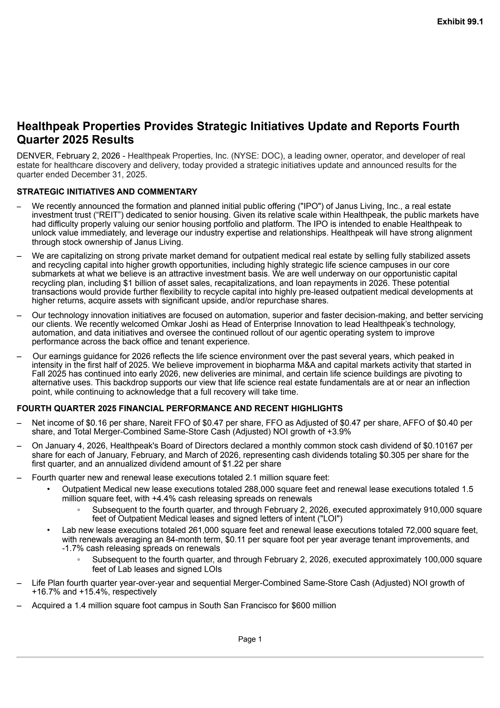Healthpeak Properties' Q4 2025 Press Release