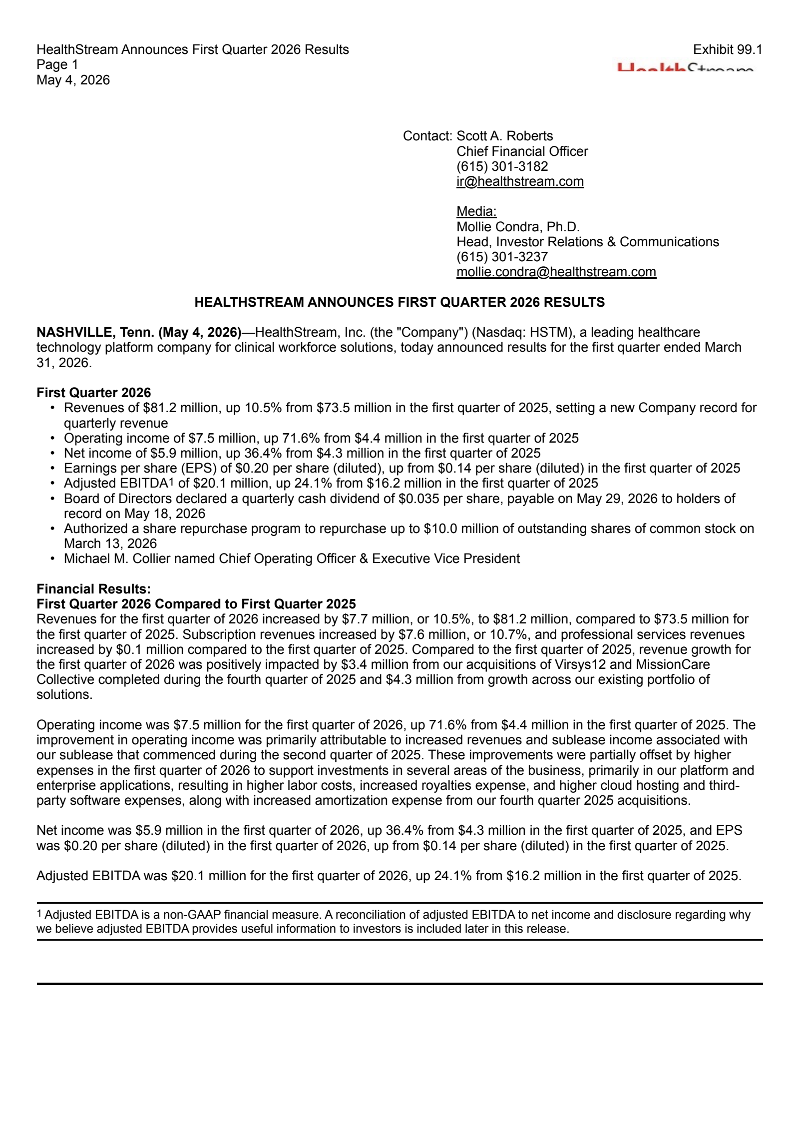 HealthStream's Q1 2026 Press Release