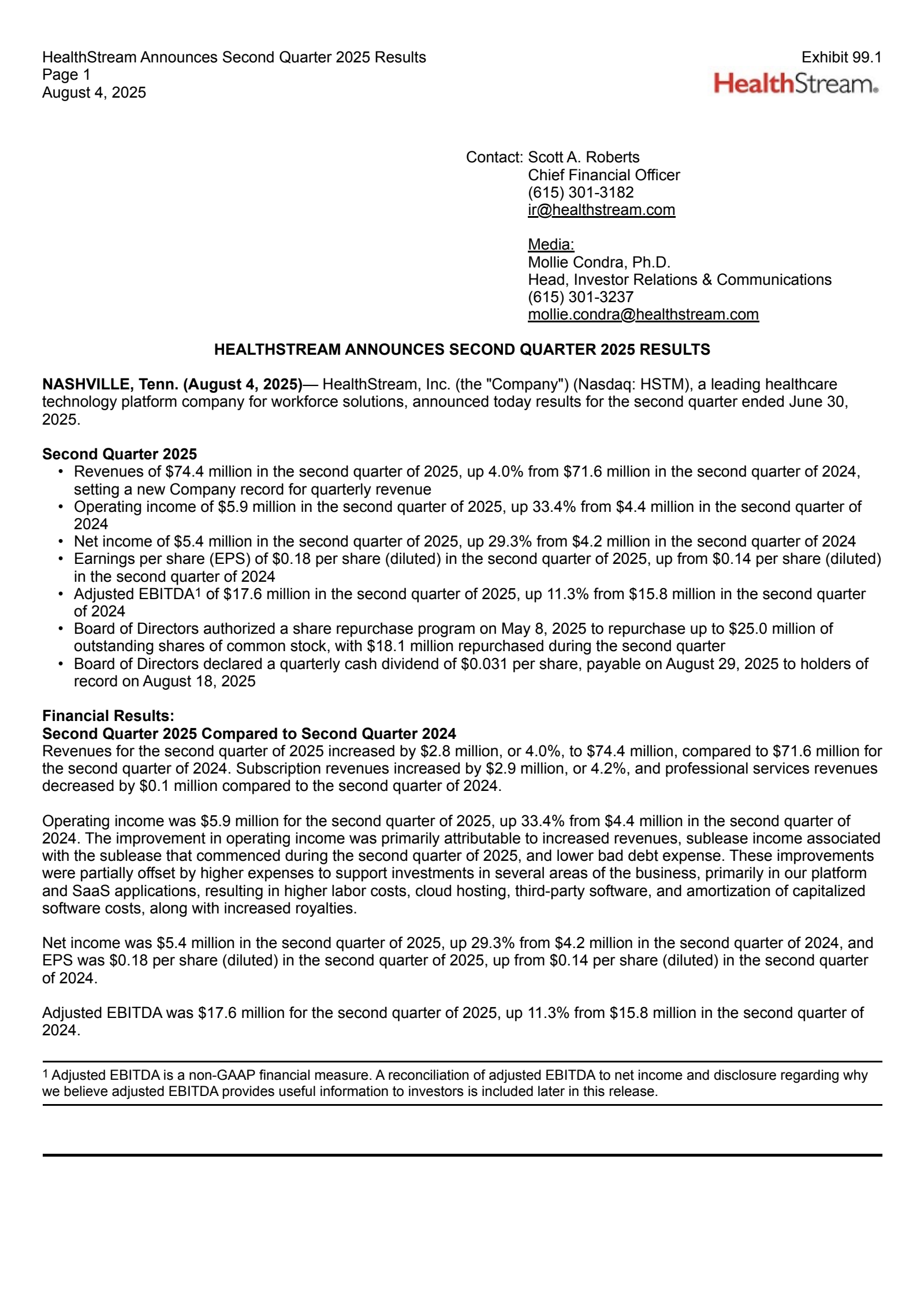 HealthStream's Q2 2025 Press Release