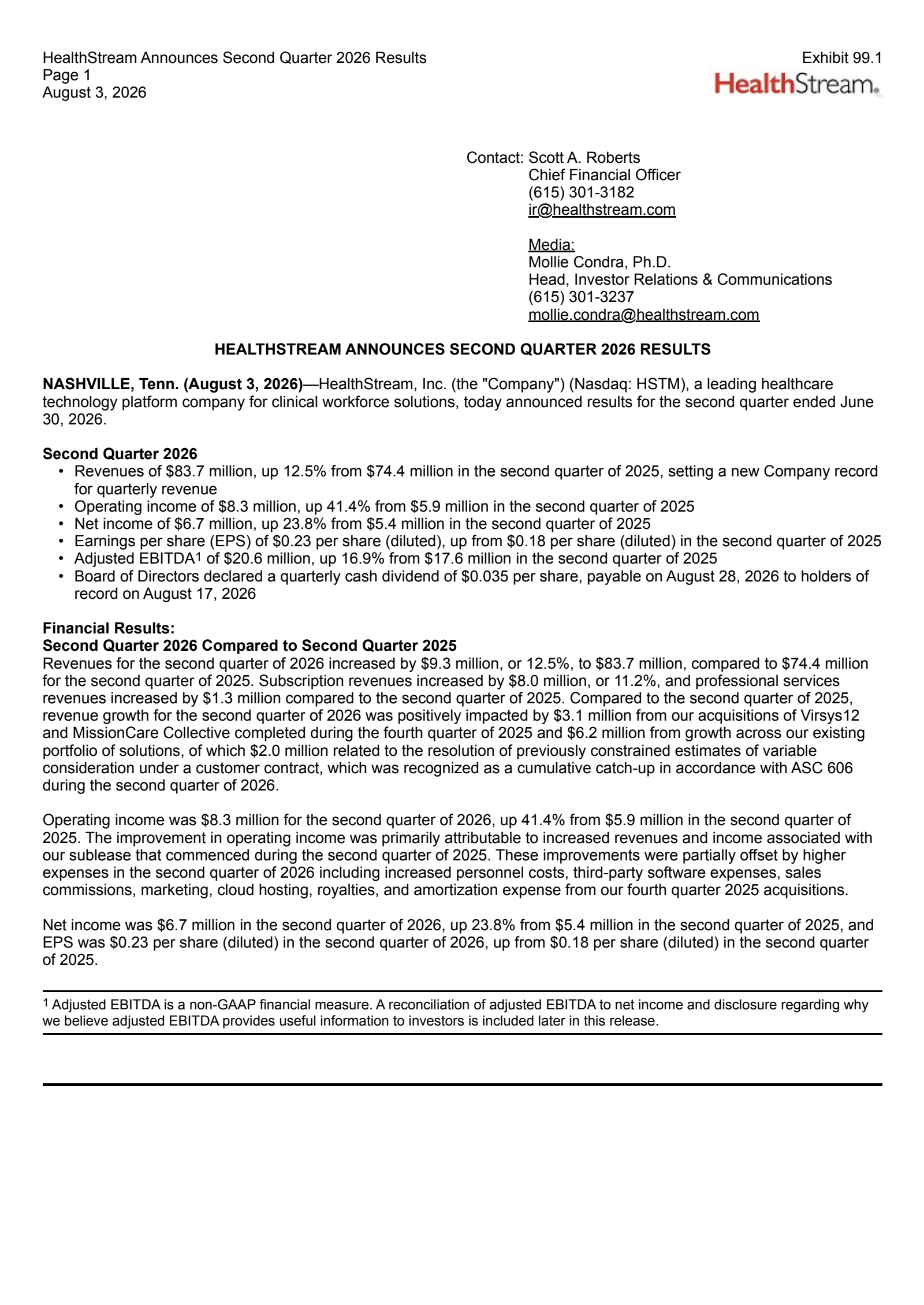 HealthStream's Q2 2026 Press Release