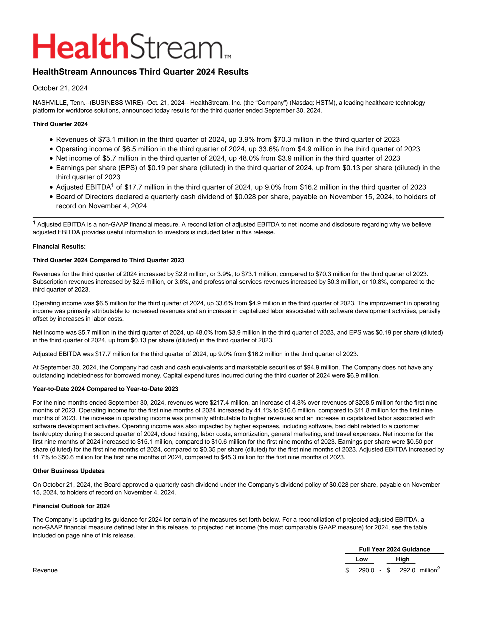 HealthStream's Q3 2024 Press Release