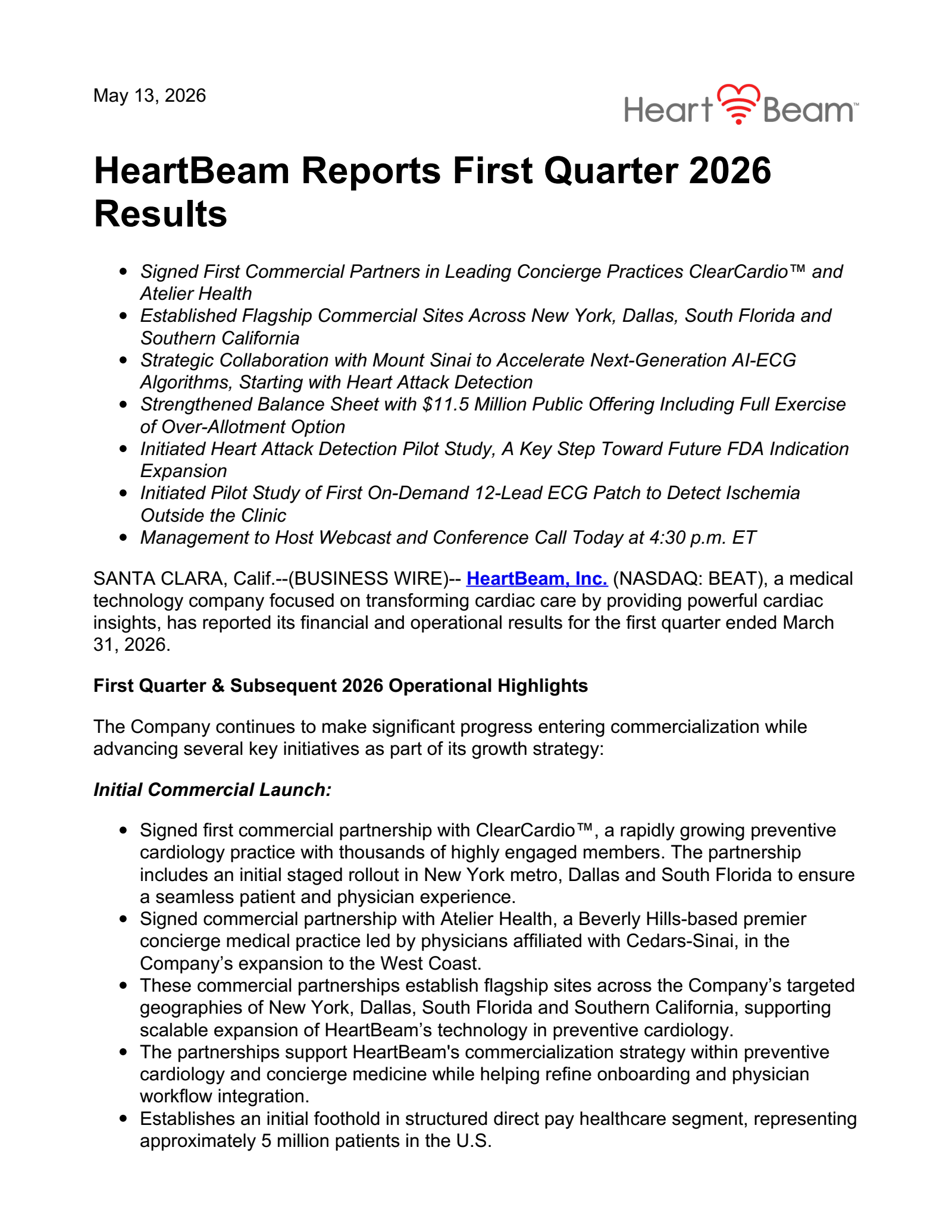 HeartBeam's Q1 2026 Press Release