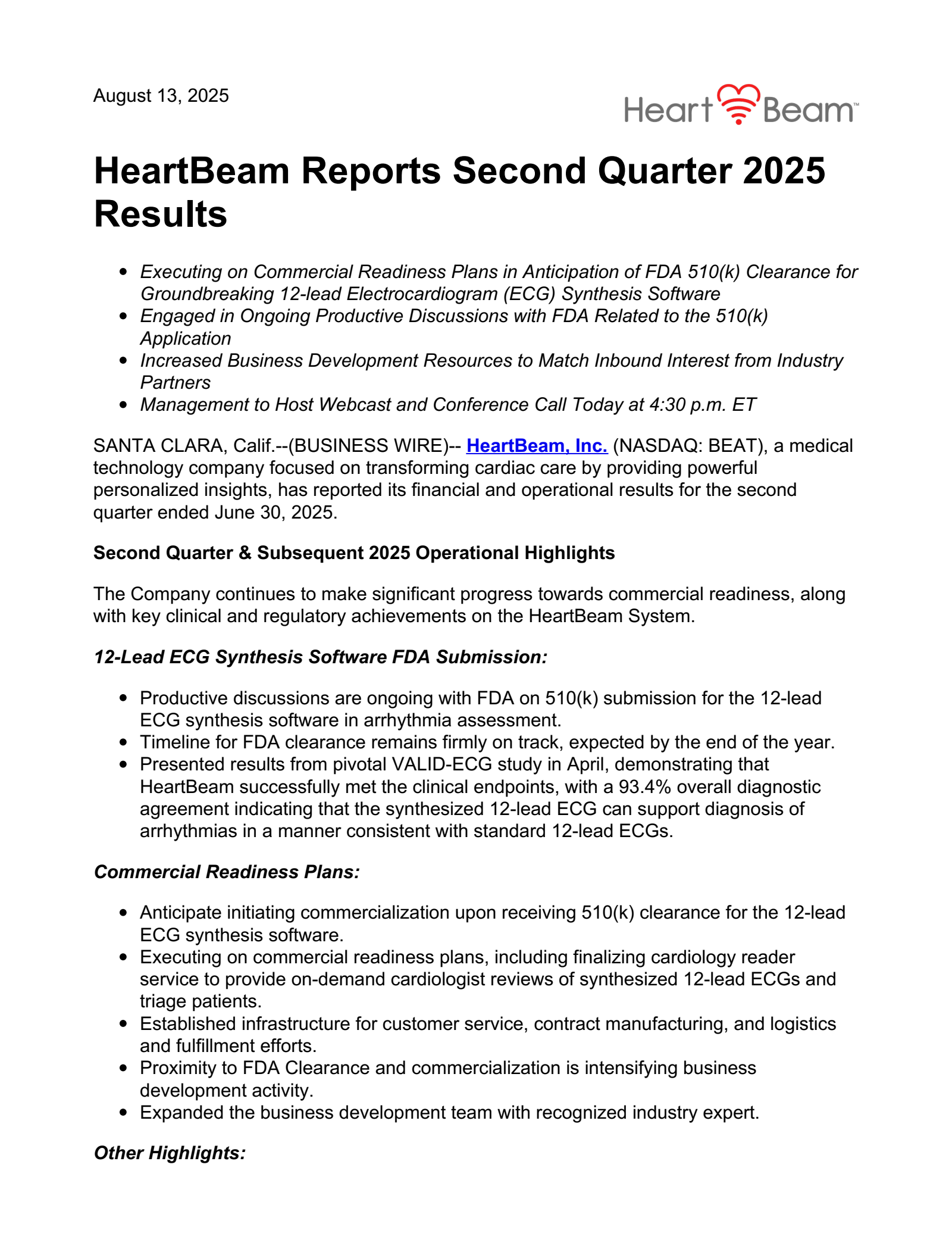 HeartBeam's Q2 2025 Press Release
