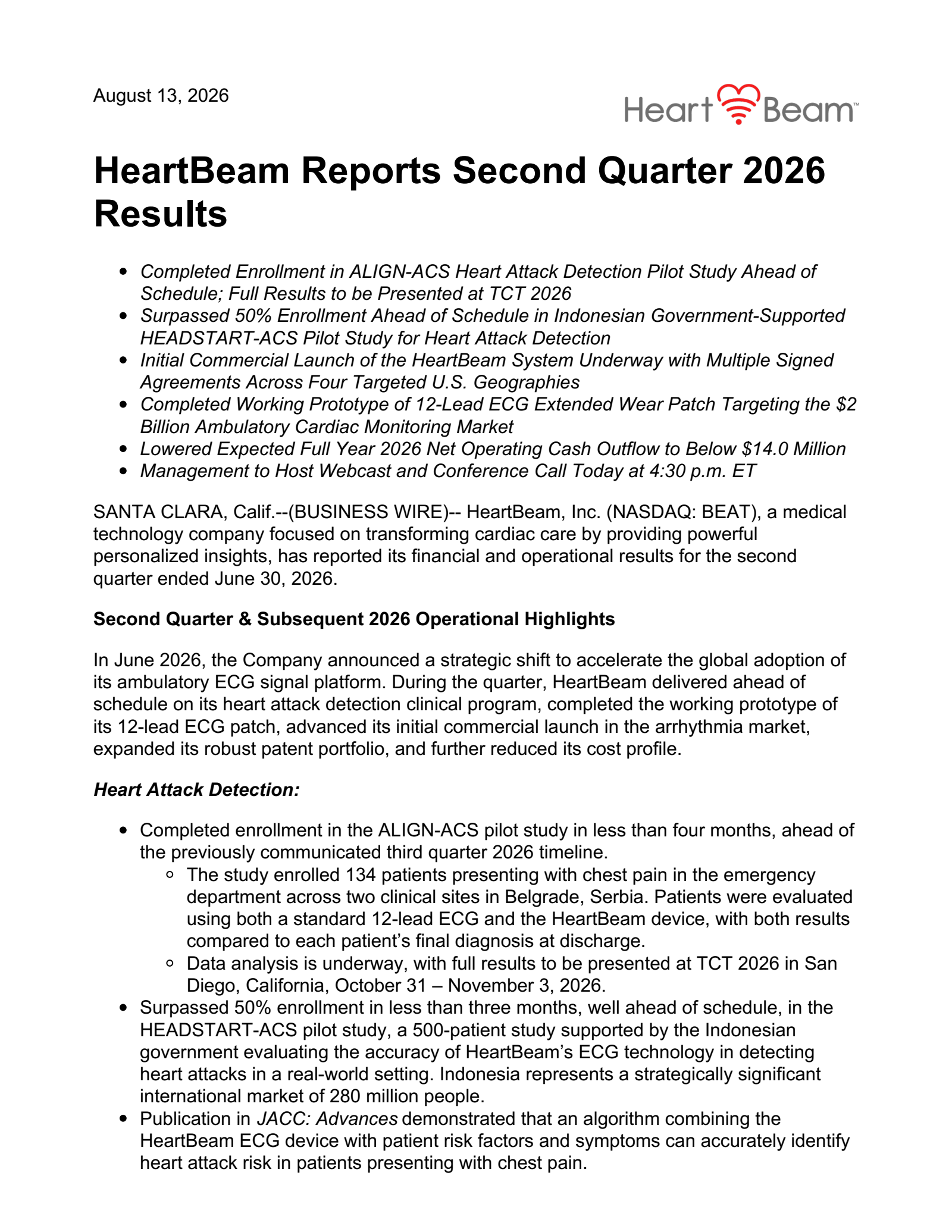 HeartBeam's Q2 2026 Press Release