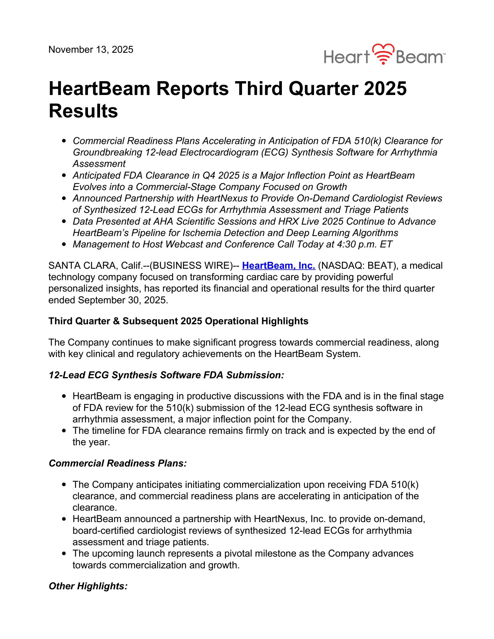 HeartBeam's Q3 2025 Earnings Release