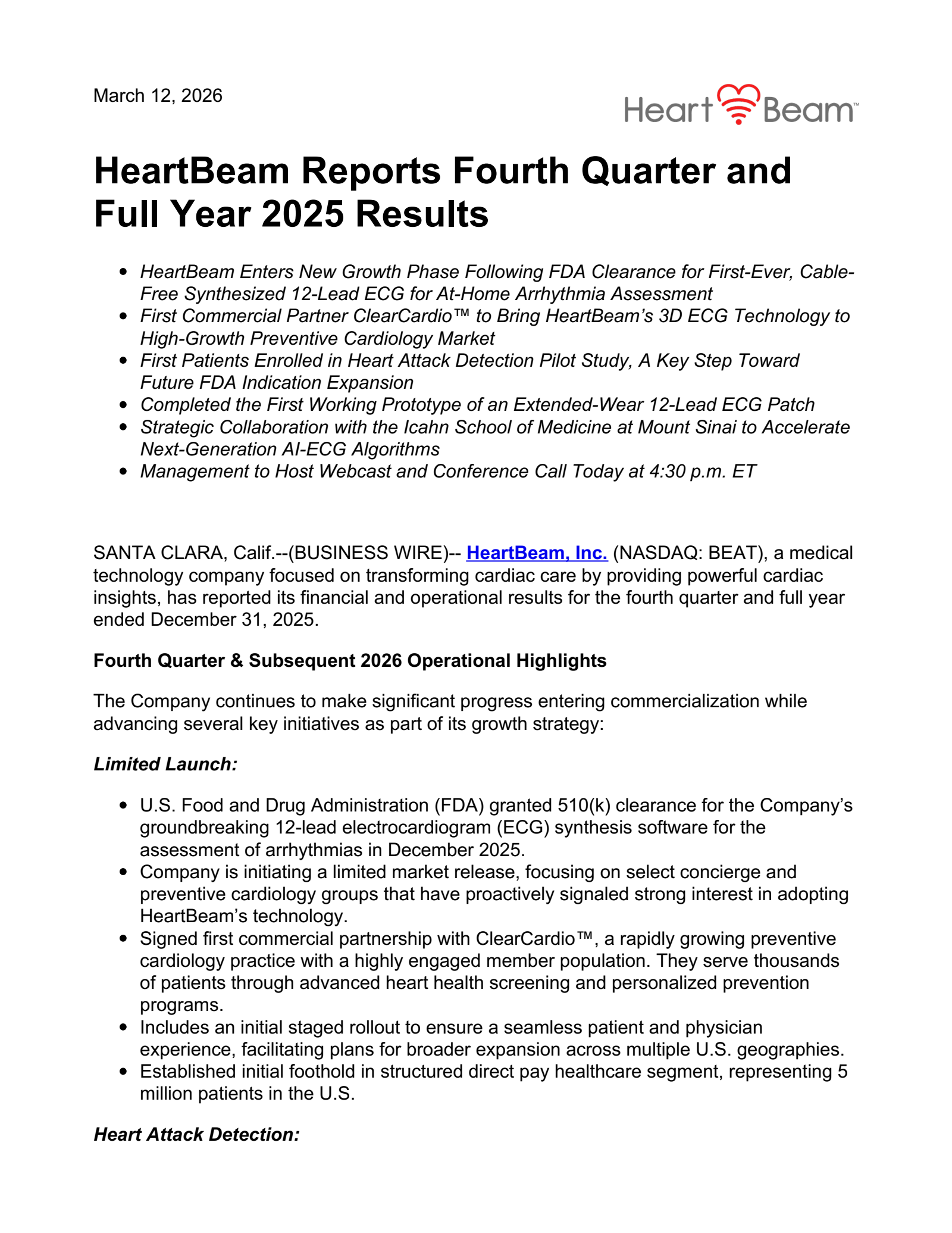 HeartBeam's Q4 2025 Press Release