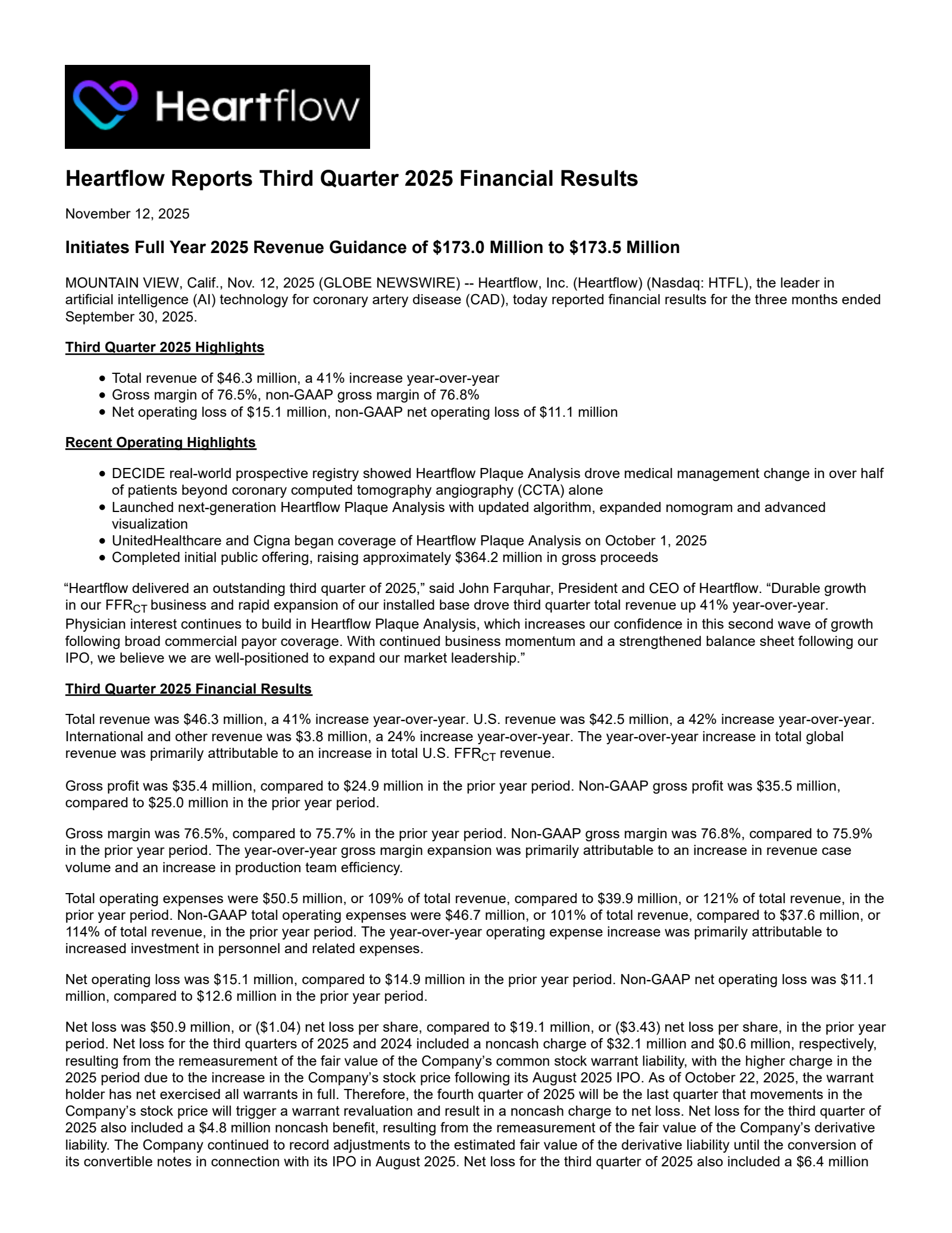 Heartflow's Q3 2025 Earnings Release