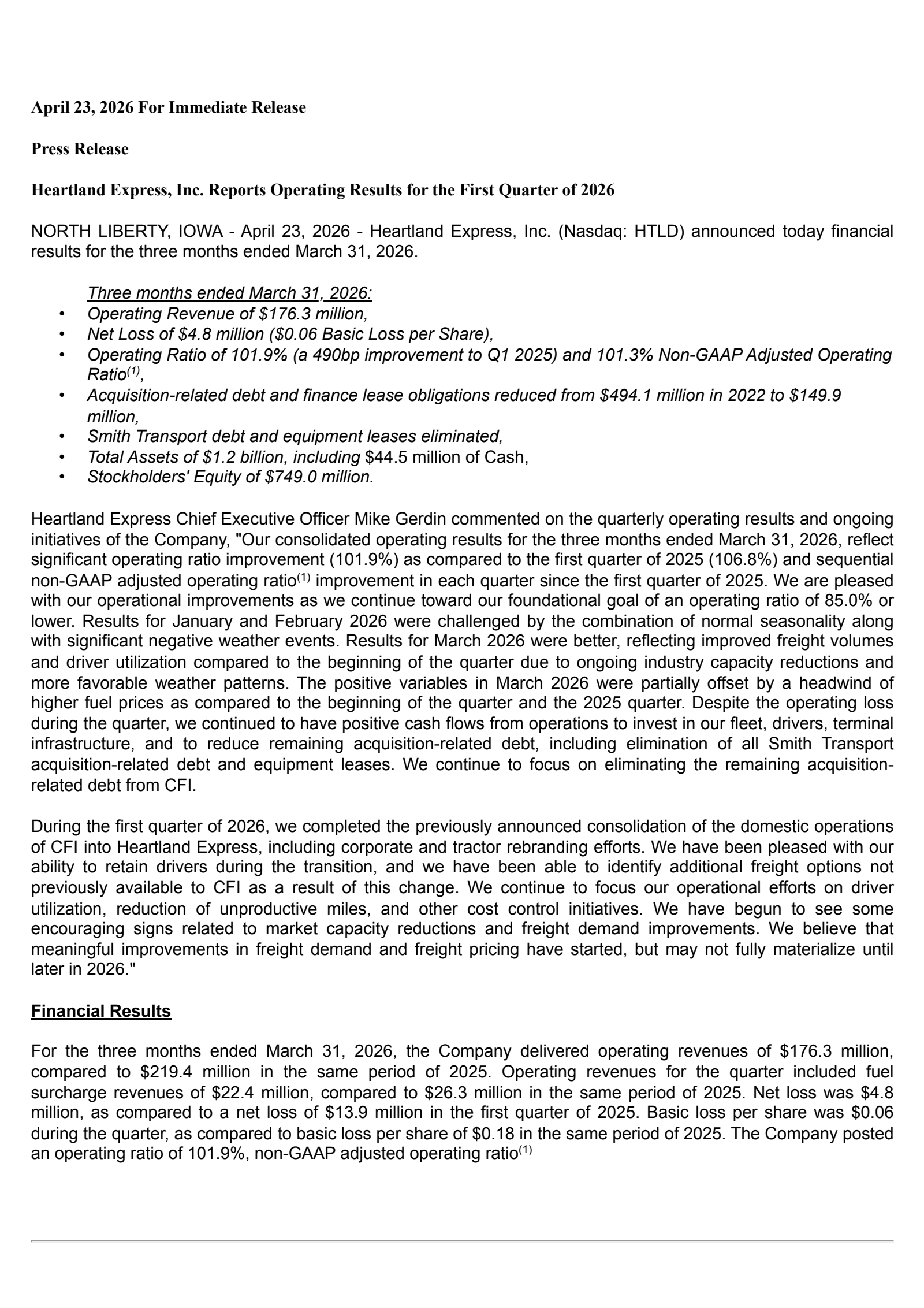 Heartland Express' Q1 2026 Press Release