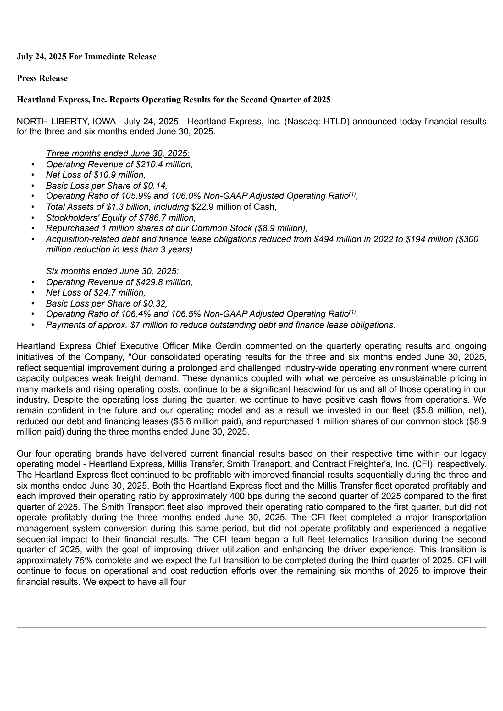 Heartland Express' Q2 2025 Press Release