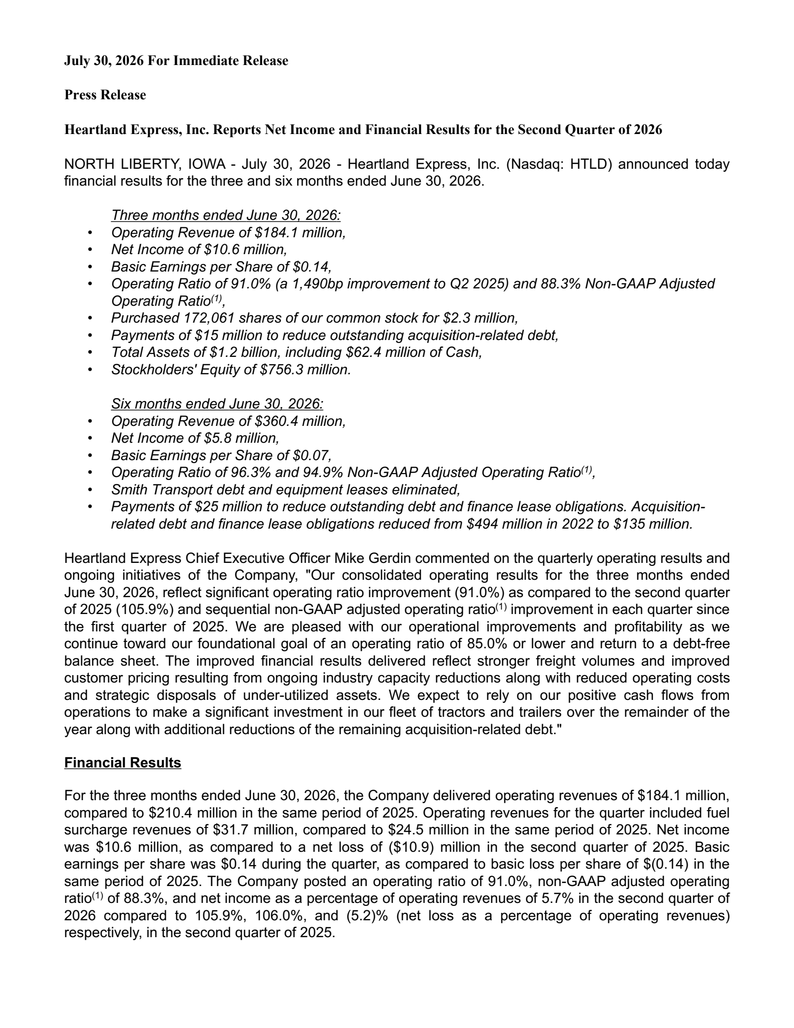 Heartland Express' Q2 2026 Press Release