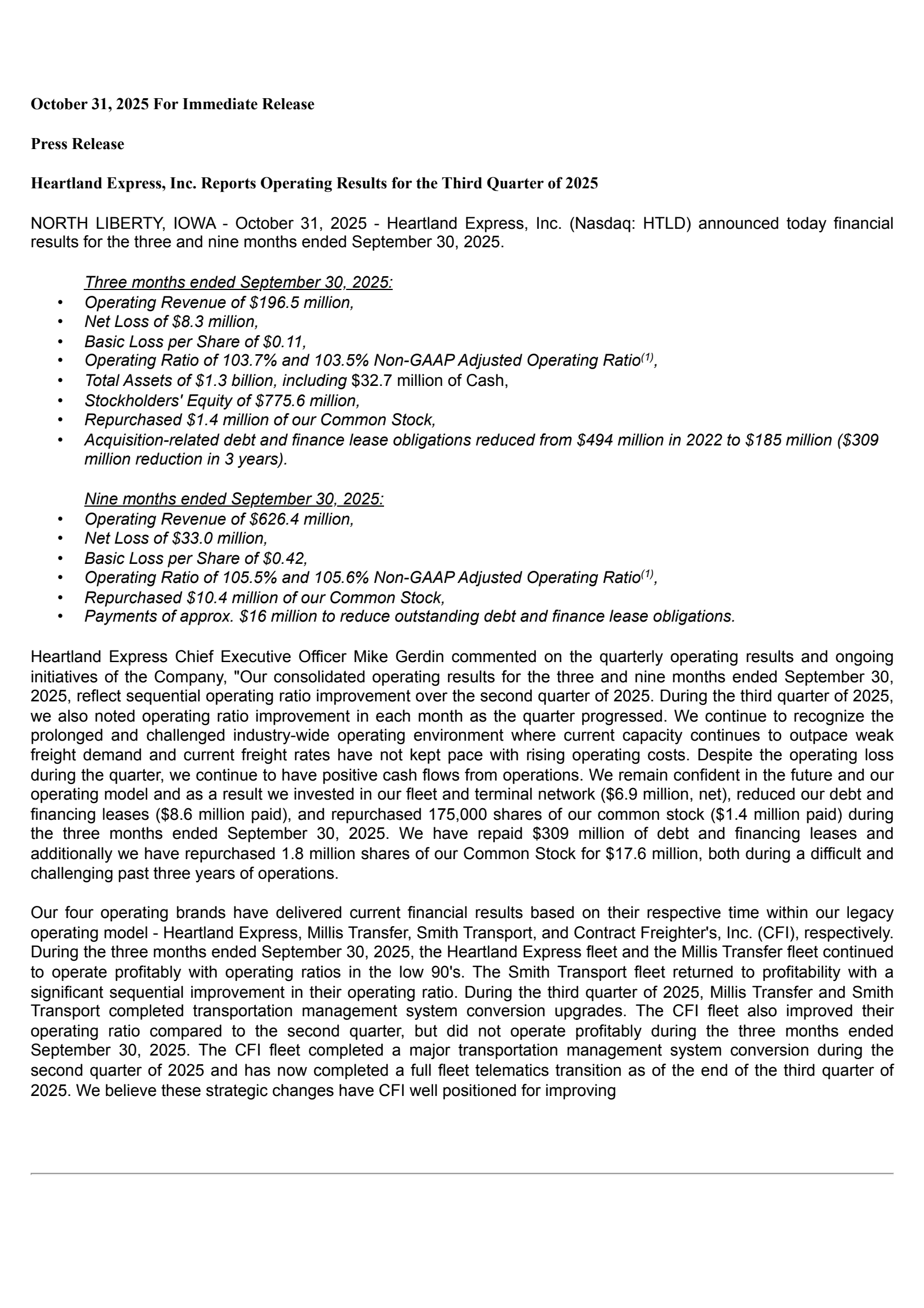 Heartland Express' Q3 2025 Earnings Release