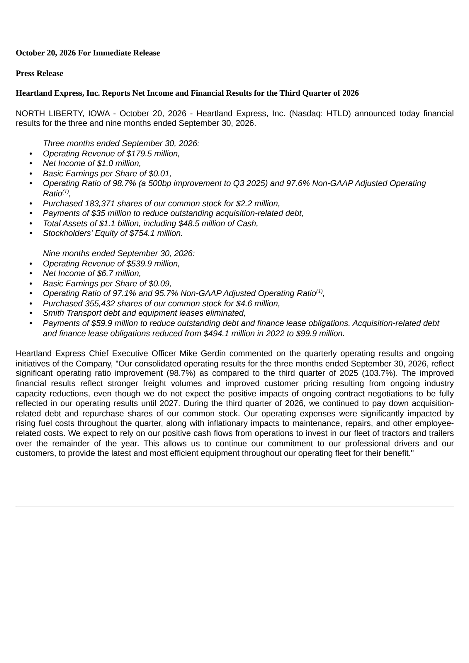 Heartland Express' Q3 2026 Press Release