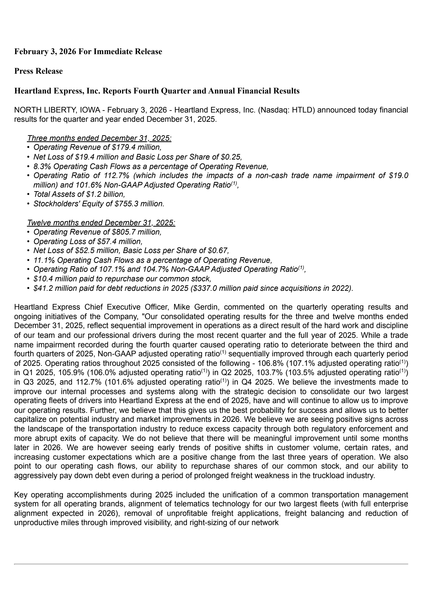 Heartland Express' Q4 2025 Press Release