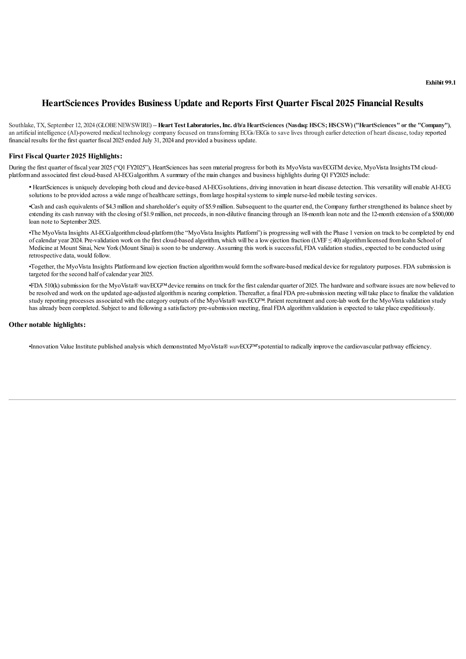 HeartSciences' Q1 2025 Press Release