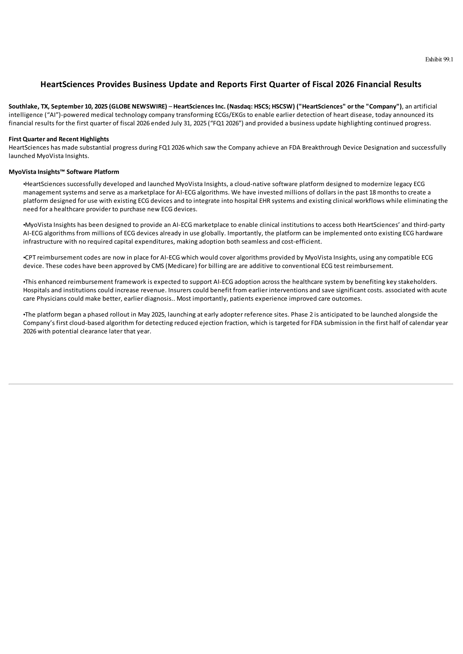 HeartSciences' Q1 2026 Press Release