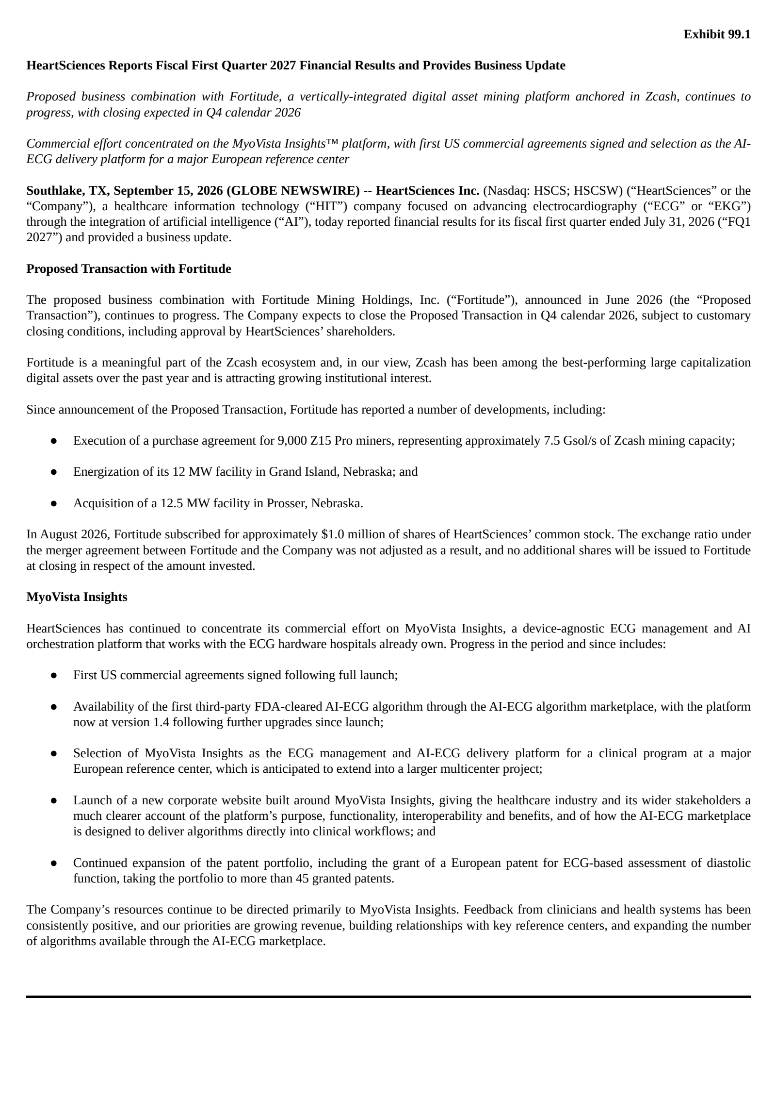 HeartSciences' Q1 2027 Press Release