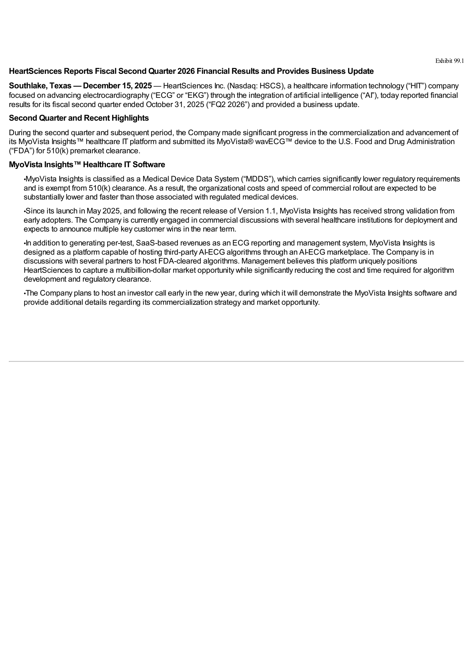HeartSciences' Q2 2026 Press Release