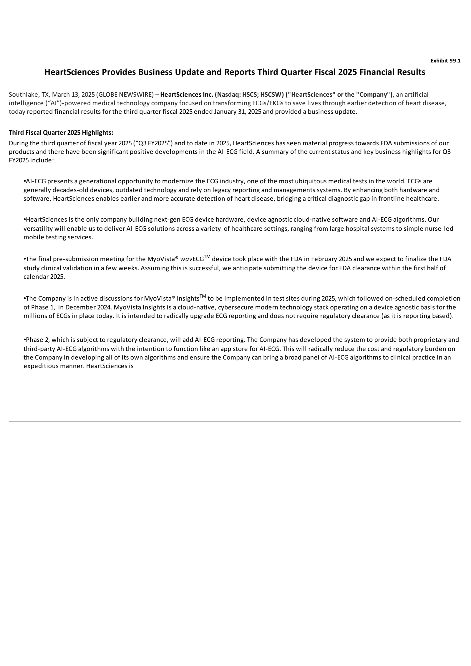 HeartSciences' Q3 2025 Press Release