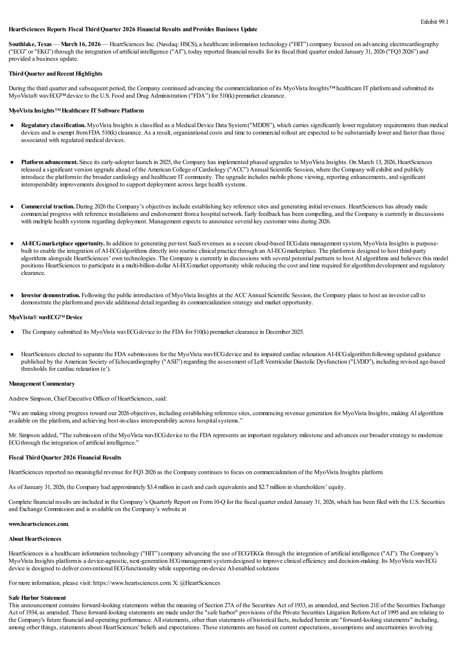 HeartSciences' Q3 2026 Press Release