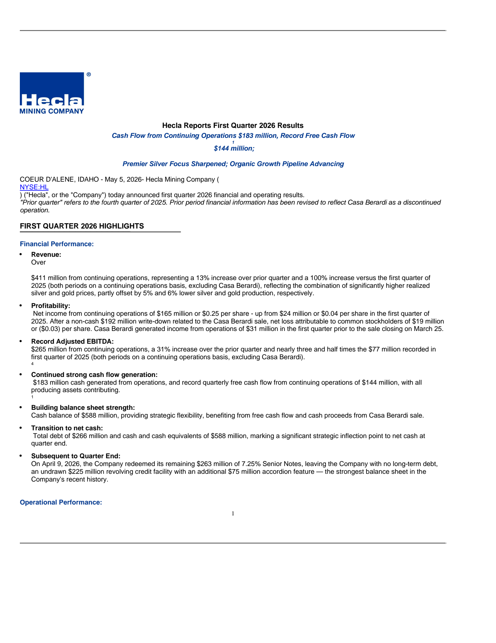 Hecla Mining's Q1 2026 Press Release