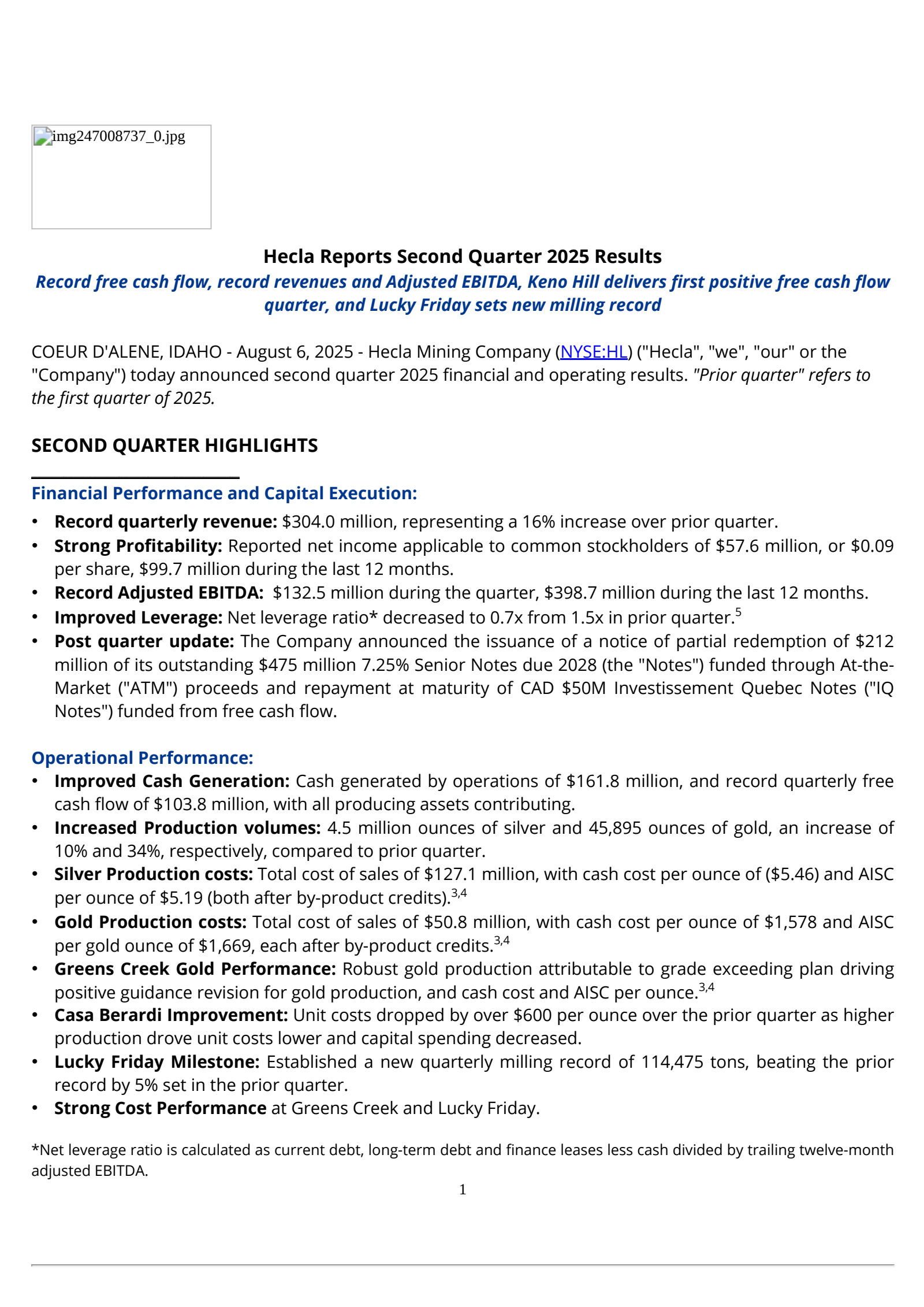 Hecla Mining's Q2 2025 Press Release