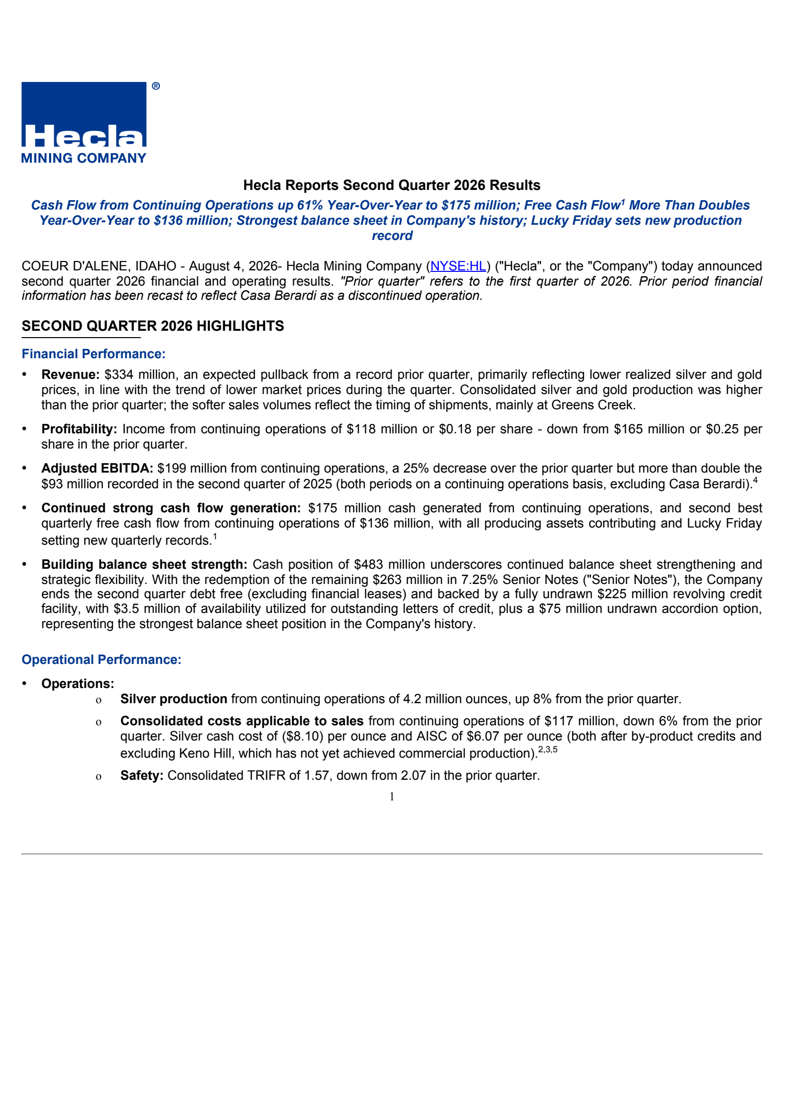 Hecla Mining's Q2 2026 Press Release
