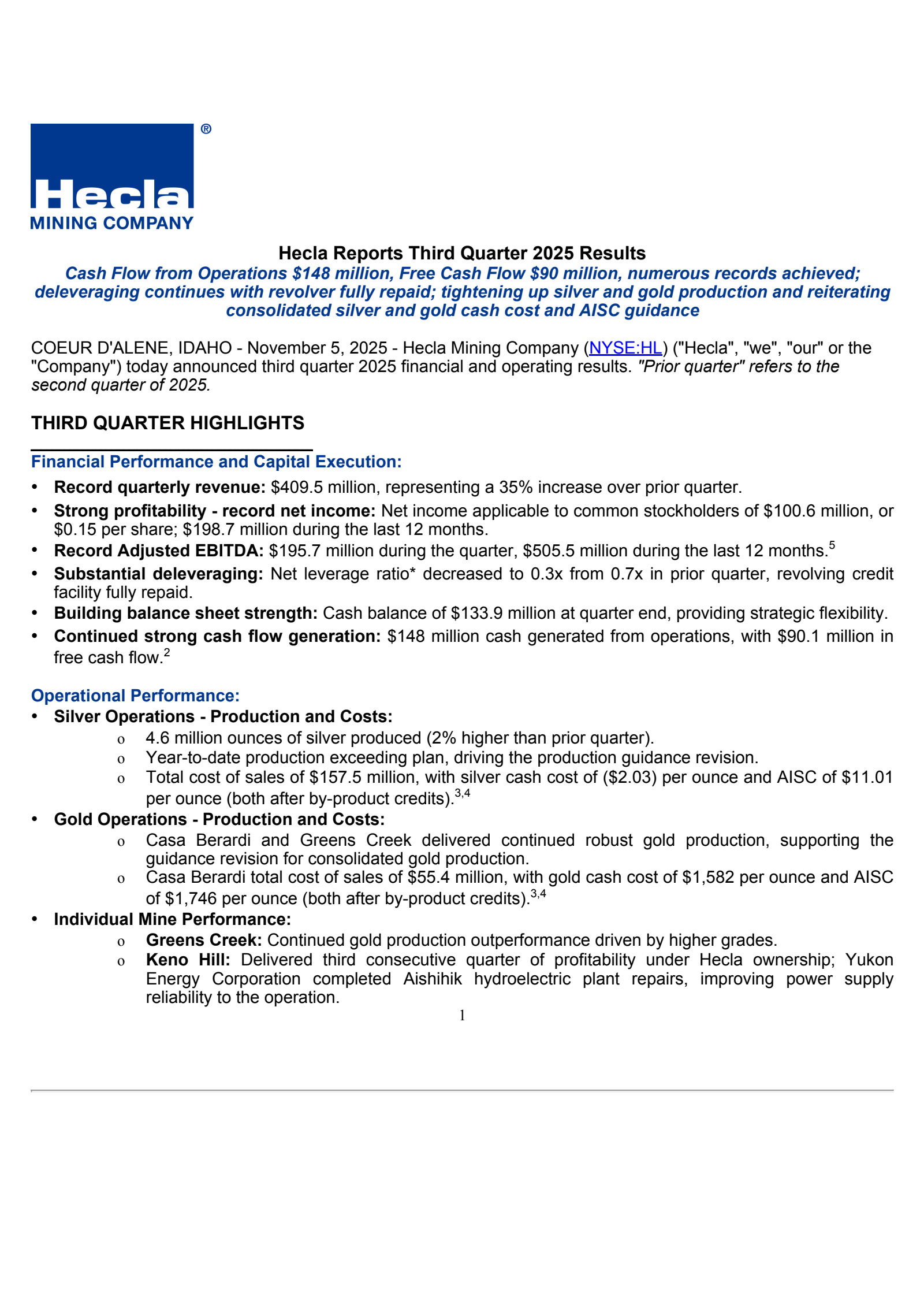 Hecla Mining's Q3 2025 Earnings Release