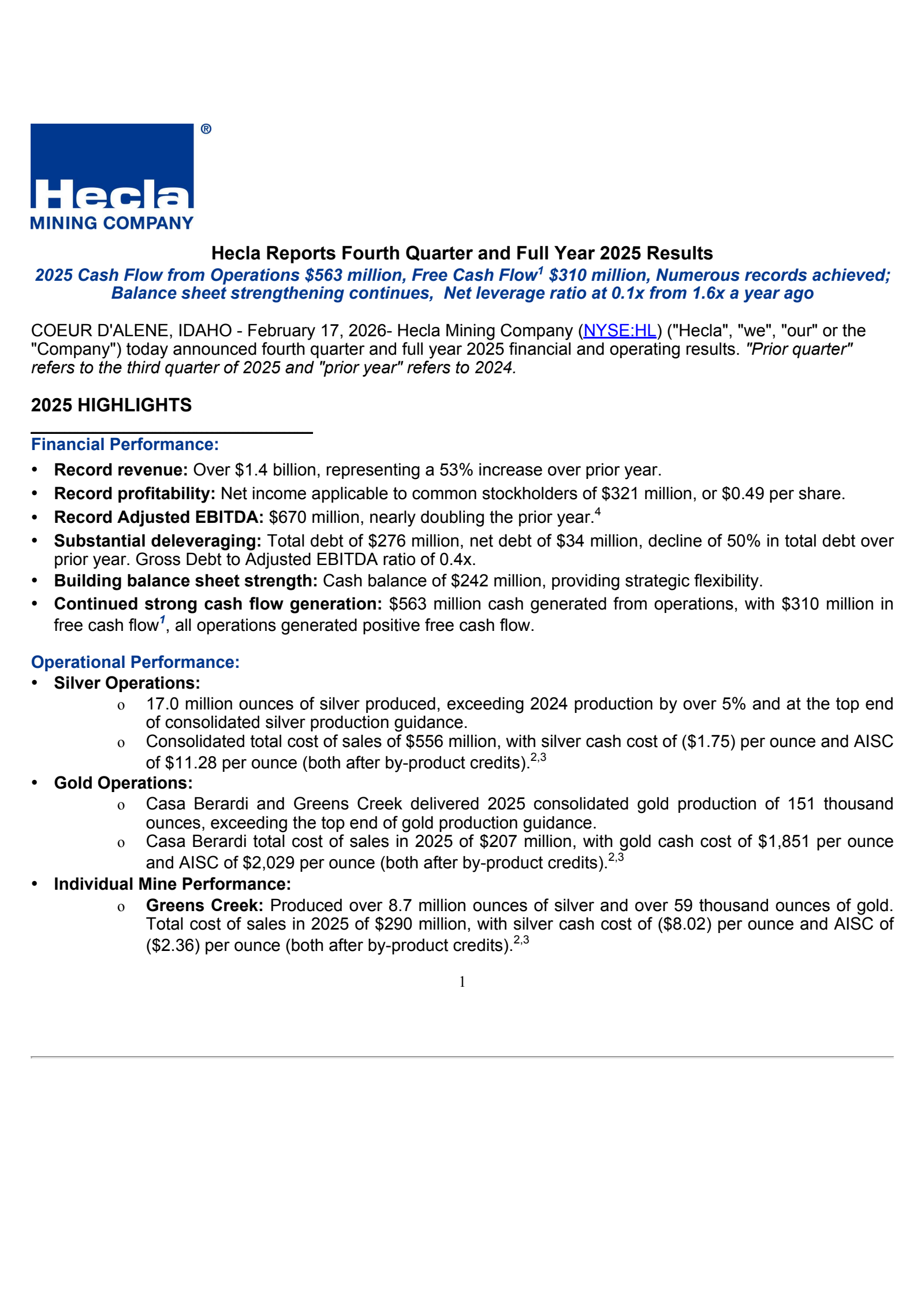 Hecla Mining's Q4 2025 Press Release