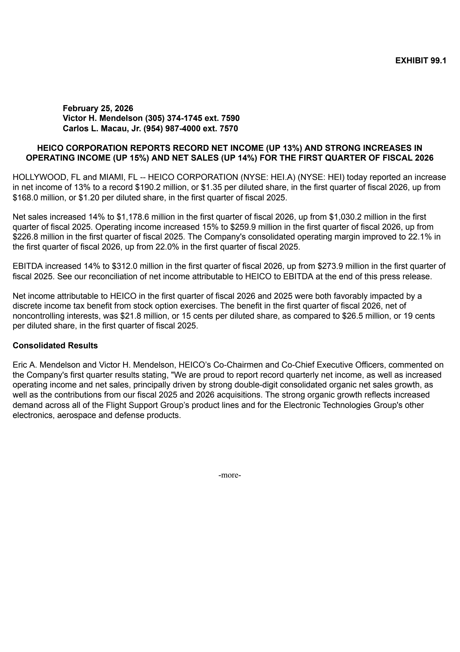 Heico's Q1 2026 Press Release