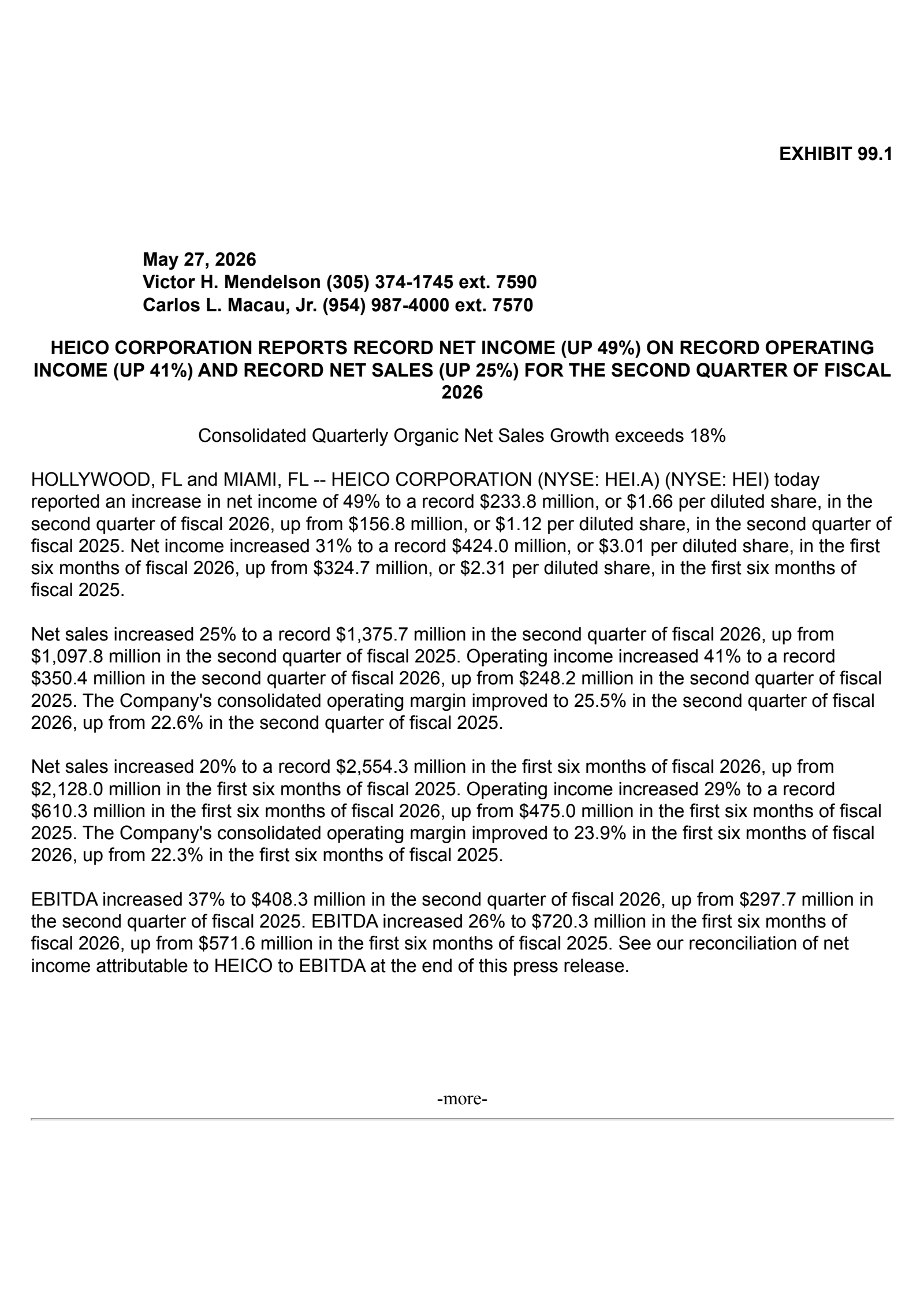 Heico's Q2 2026 Press Release