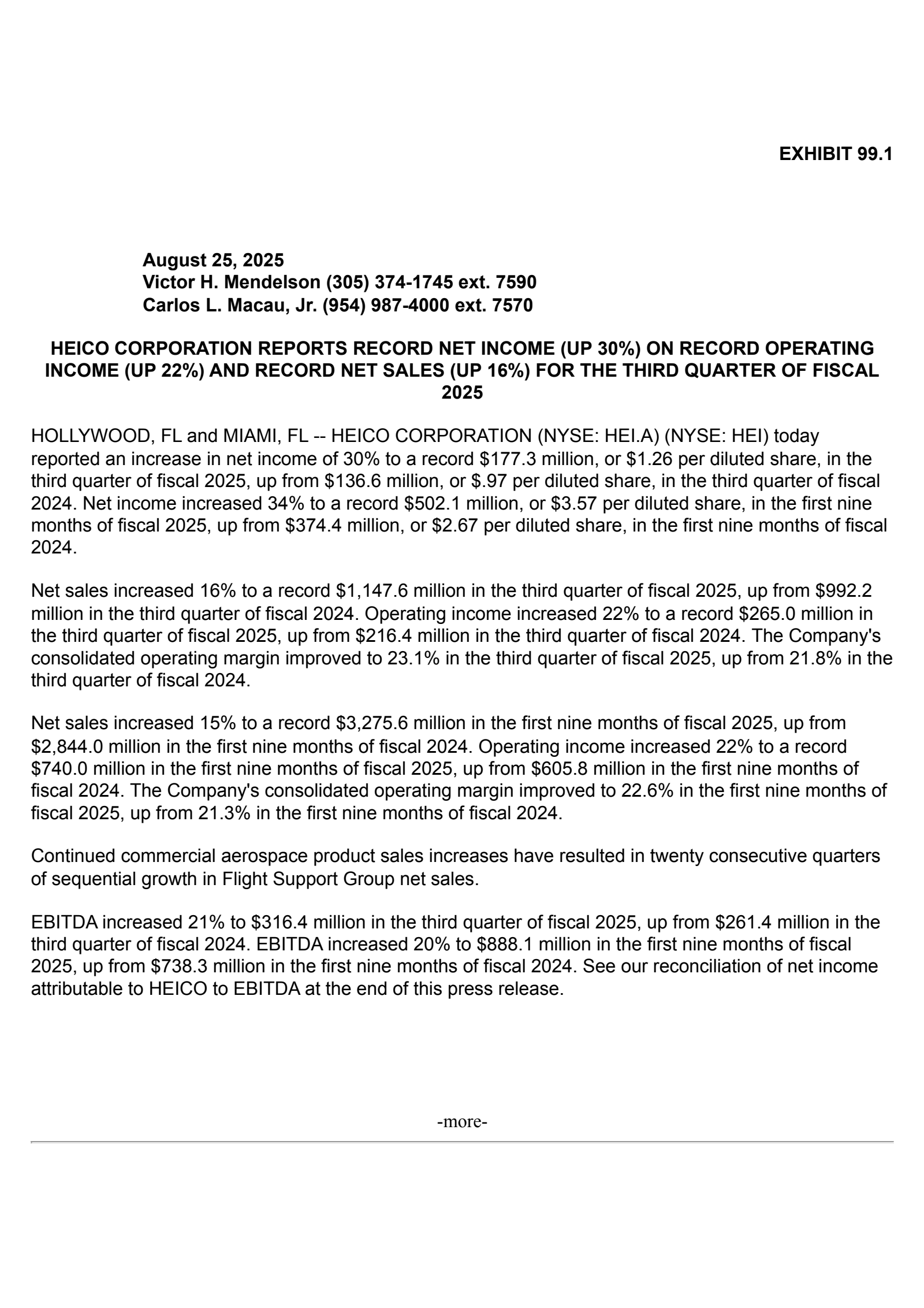Heico's Q3 2025 Press Release