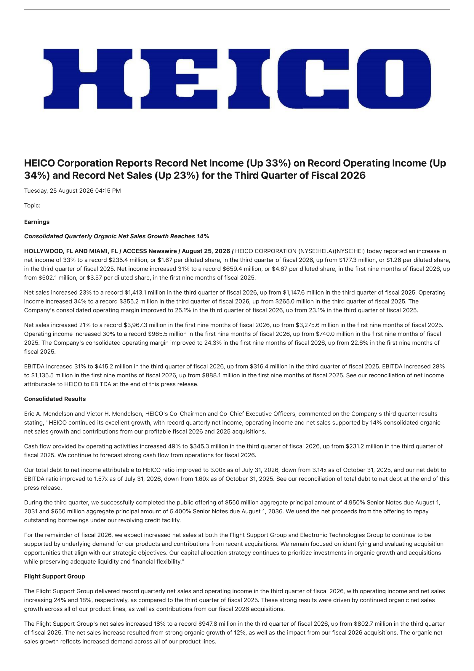 Heico's Q3 2026 Press Release